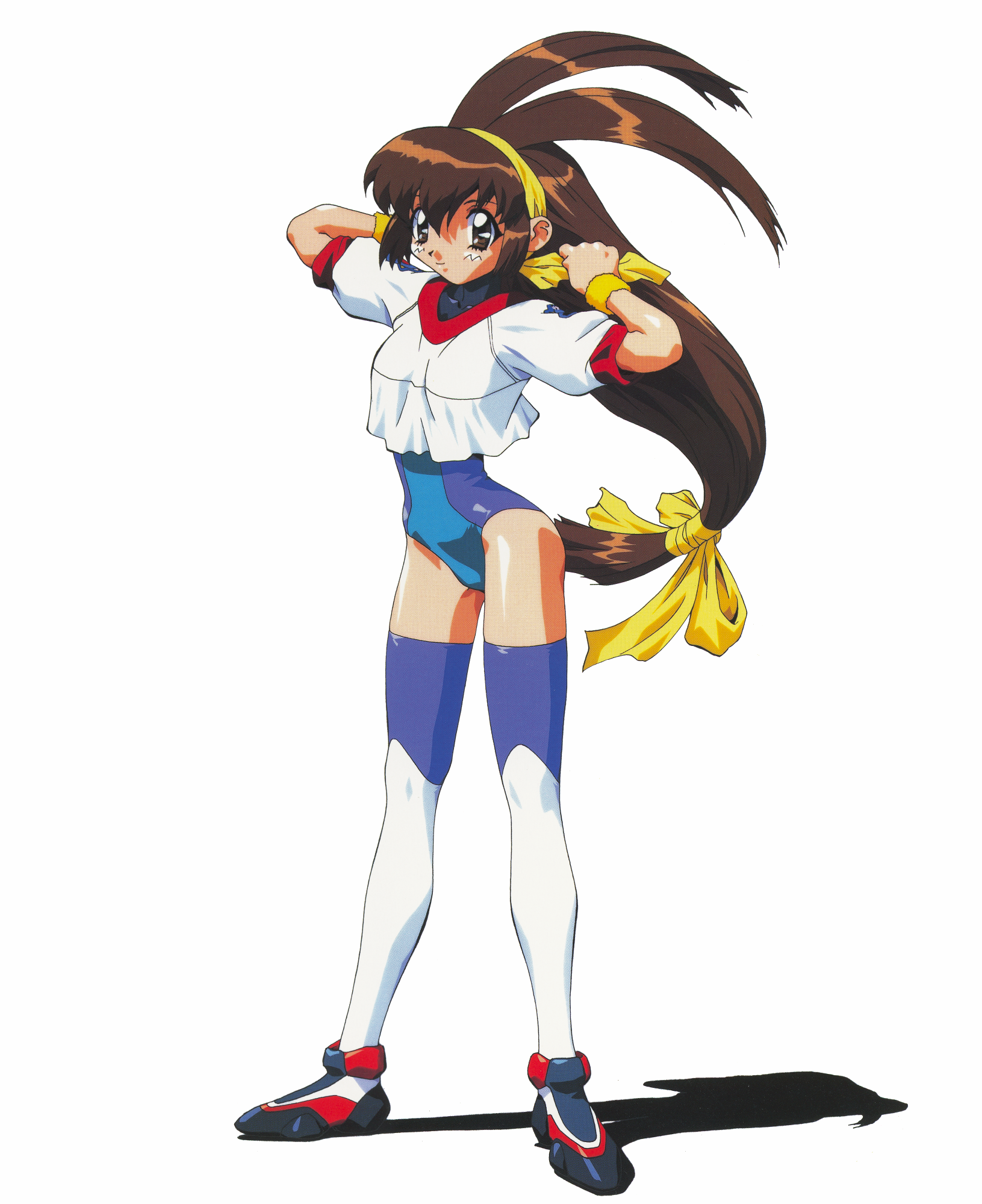 kanzaki akari, battle athletes, highres, non-web source, official art, 1990s (style), 1girl, antenna hair, blue leotard, brown eyes, brown hair, full body, gym uniform, hairband, leotard, long hair, low-tied long hair, retro artstyle, shirt, short sleeves, simple background, smile, solo, standing, thighhighs, white background, wristband