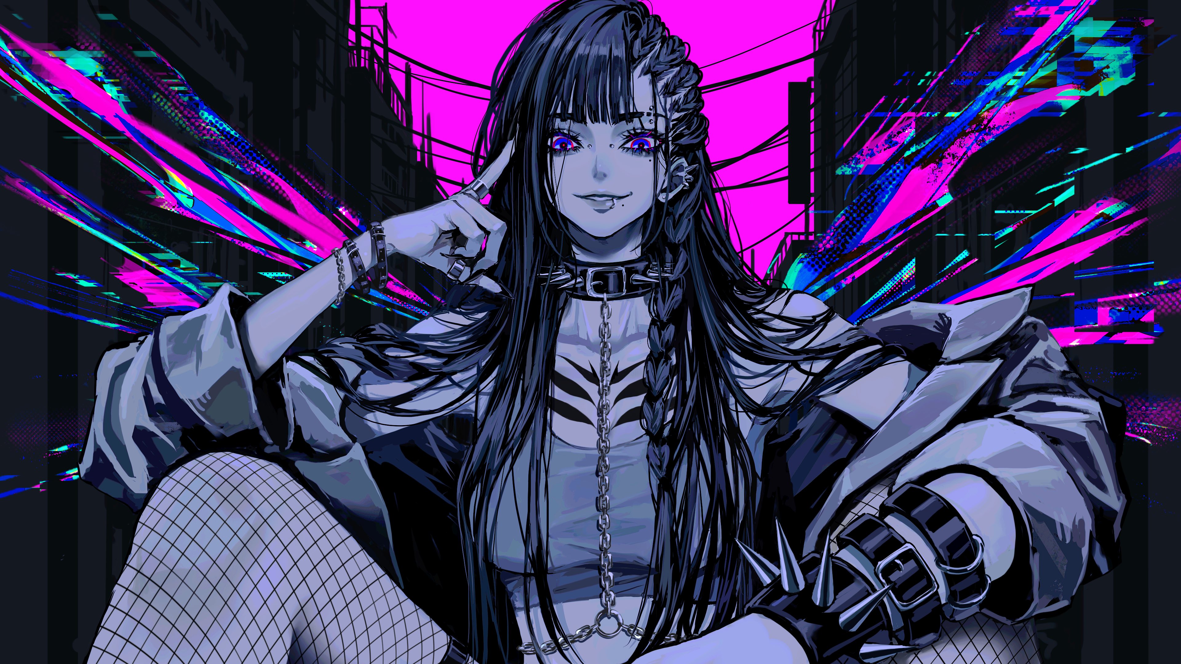 urkt 10, original, absurdres, highres, belt, black hair, bracelet, braid, chain, choker, cityscape, collar, earrings, face piercing, fishnets, hair between eyes, halftone, hand on own head, jacket, jewelry, lip piercing, looking at viewer, multicolored eyes, open clothes, open jacket, piercing, ring, sitting, spiked bracelet, spiked choker, spikes, tank top