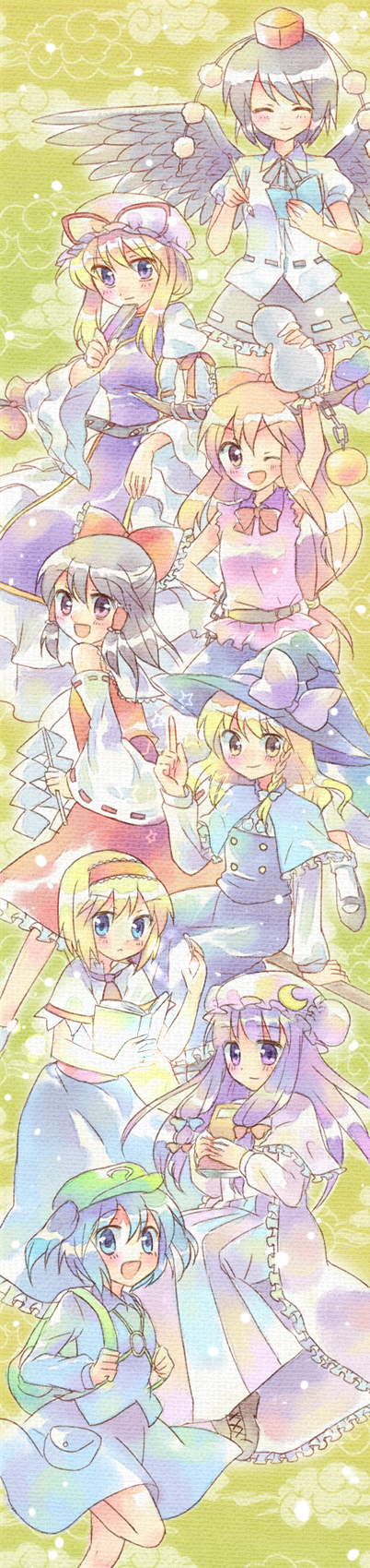 kuguri oimo, alice margatroid, hakurei reimu, ibuki suika, kawashiro nitori, kirisame marisa, patchouli knowledge, shameimaru aya, yakumo yukari, touhou, bad id, bad pixiv id, highres, long image, tall image, 6+girls, blonde hair, capelet, female focus, multiple girls