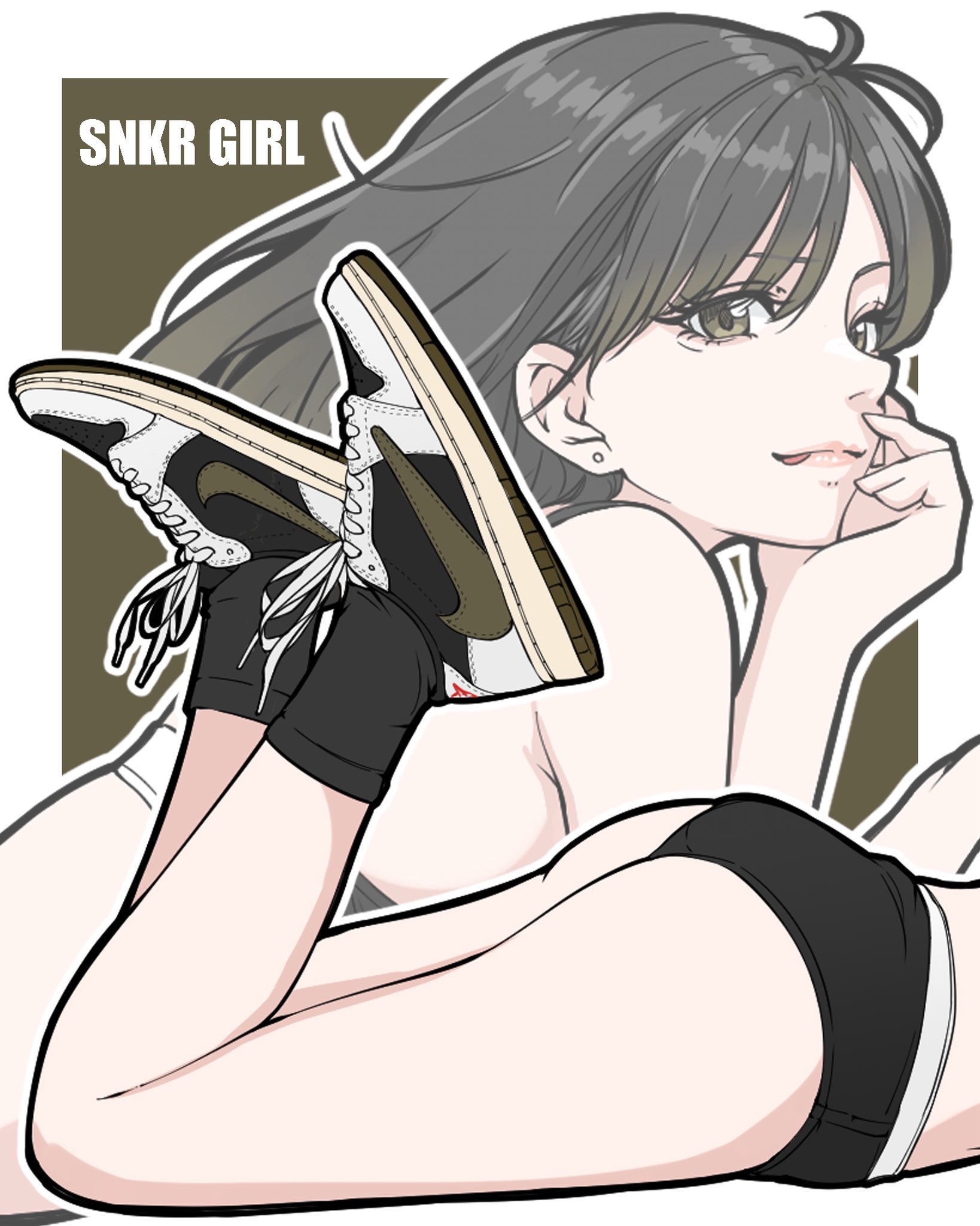 bambi surprise, nike (company), original, commentary, highres, 1girl, ass, black hair, black panties, black socks, brown background, closed mouth, from side, long hair, looking at viewer, lying, on stomach, panties, shoes, simple background, sneakers, socks, solo, two-tone background, underwear, white background