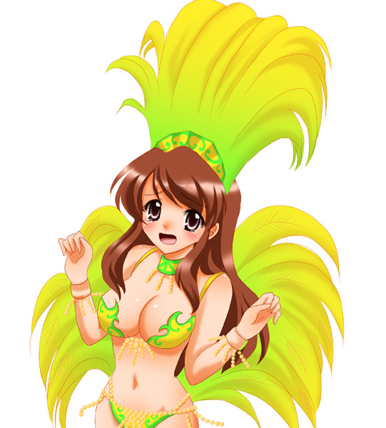asahina mikuru, suzumiya haruhi no yuuutsu, non-web source, 00s, 1girl, bikini, blush, bracelet, breasts, brown eyes, brown hair, cleavage, dancer, feathers, female focus, hands up, headdress, jewelry, large breasts, long hair, looking at viewer, navel, open mouth, samba, simple background, solo, swimsuit, tears, white background, yellow bikini
