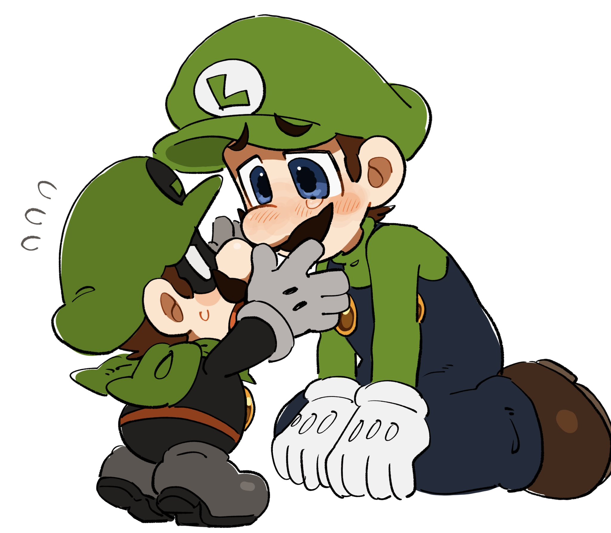 mimimi (mimimim9999), luigi, mr. l, mario (series), nintendo, paper mario, super paper mario, highres, 2boys, ascot, black mask, black pants, black shirt, blue eyes, blue overalls, brown hair, facial hair, full body, gloves, green hat, green shirt, grey gloves, hat, height difference, kneeling, long sleeves, looking at another, male focus, multiple boys, mustache, open mouth, outstretched arms, overalls, pants, shirt, shoes, short hair, spread arms, white background, white gloves
