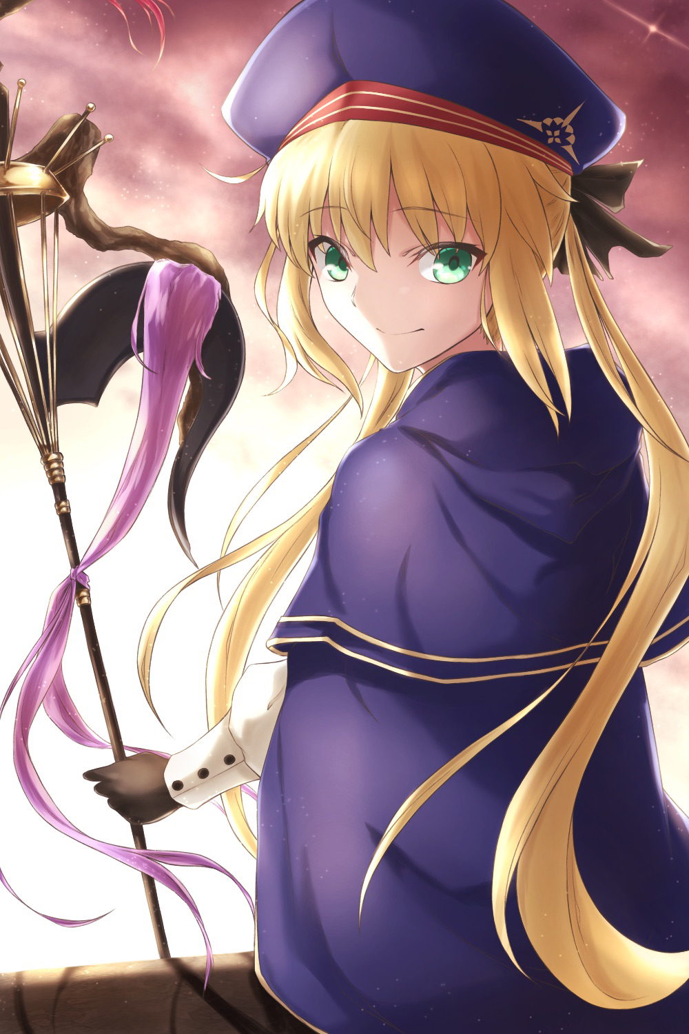 momonjya, artoria caster (fate), artoria caster (second ascension) (fate), artoria pendragon (fate), fate/grand order, fate (series), commentary request, highres, 1girl, black bow, black gloves, black hat, blonde hair, blue cape, blue capelet, bow, cape, capelet, closed mouth, from behind, gloves, gold trim, green eyes, hair bow, hat, holding, holding staff, long hair, long sleeves, looking at viewer, smile, solo, staff, twintails, very long hair