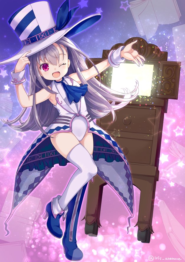iris anemone, kamishibaiya iris, emil chronicle online, 1girl, armband, blue boots, blue ribbon, boots, hat, hat ribbon, jacket, leotard, long hair, one eye closed, open mouth, purple background, purple eyes, ribbon, solo, star (symbol), star symbol background, thighhighs, white armband, white hair, white hat, white jacket, white leotard, white thighhighs
