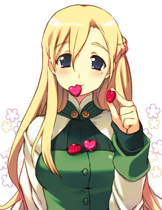 ishikawa mami, north carolina ameko, mint (summon night), summon night, summon night 4, bad id, bad pixiv id, 1girl, blonde hair, blue eyes, blush, female focus, half updo, heart, long hair, looking at viewer, mole, mole under eye, mouth hold, solo, valentine