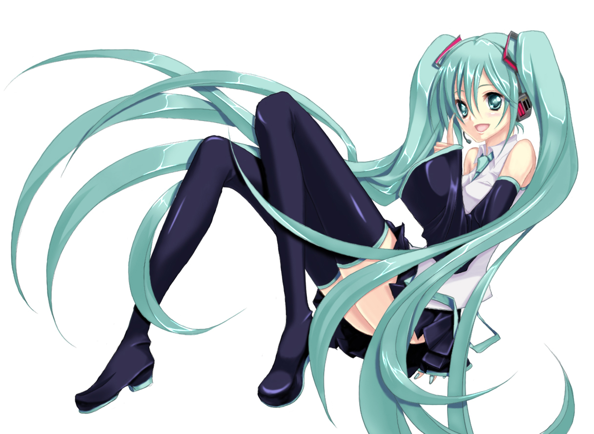 popi (pixiv), shinri mitsuba, vi (ena0930), hatsune miku, vocaloid, bad id, bad pixiv id, colorized, 1girl, bare shoulders, blush, detached sleeves, female focus, green eyes, green hair, happy, long hair, matching hair/eyes, necktie, open mouth, simple background, sitting, skirt, smile, solo, thighhighs, twintails, very long hair, white background