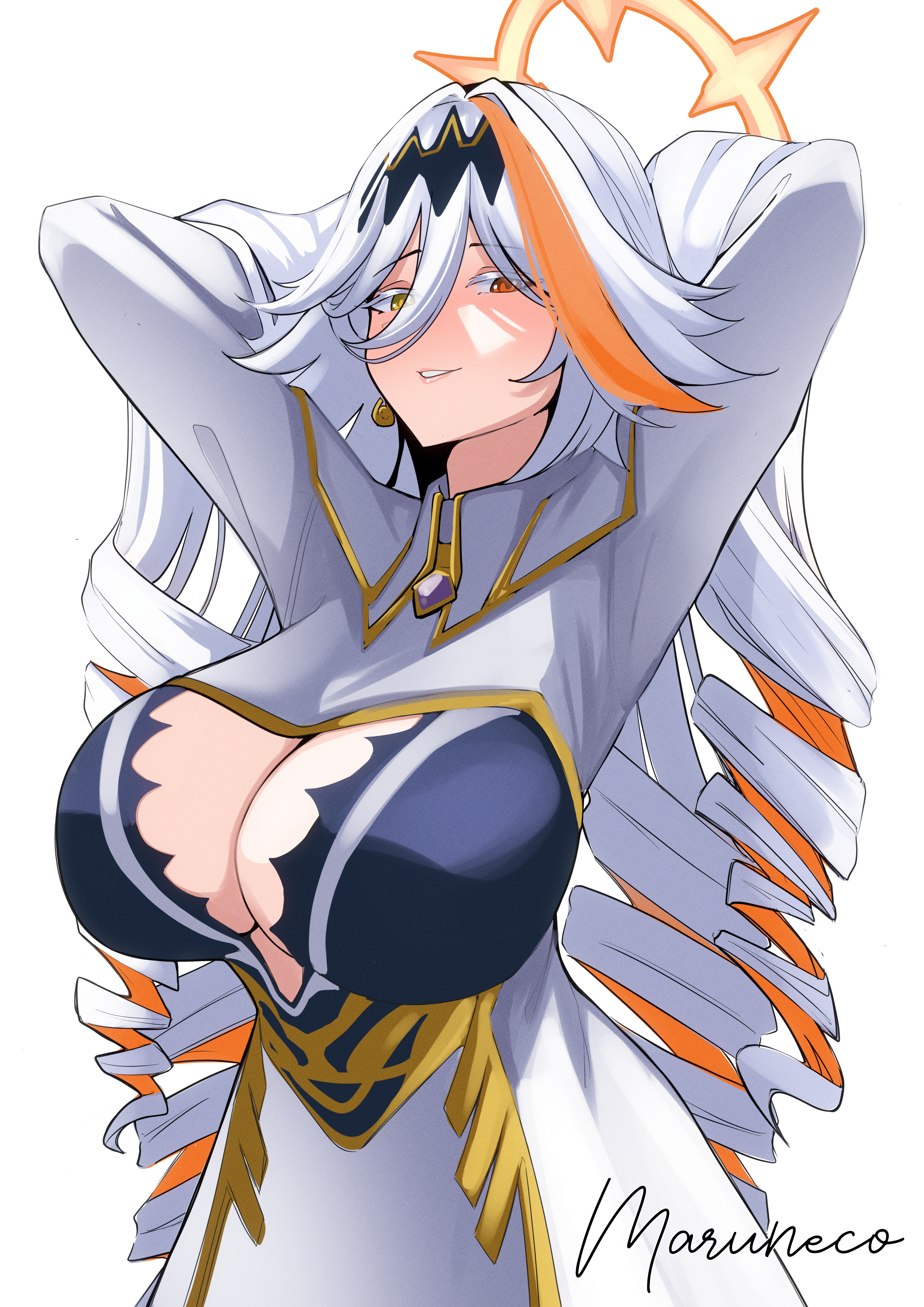 maruneco, baldr (fire emblem heroes), fire emblem, fire emblem heroes, nintendo, absurdres, commentary, highres, 1girl, arms behind head, black hairband, breasts, cleavage, drill hair, earrings, grin, hair between eyes, hairband, heterochromia, huge breasts, jewelry, long sleeves, looking at viewer, multicolored hair, orange hair, red eyes, seductive smile, signature, simple background, smile, solo, streaked hair, two-tone hair, white background, white hair, yellow eyes