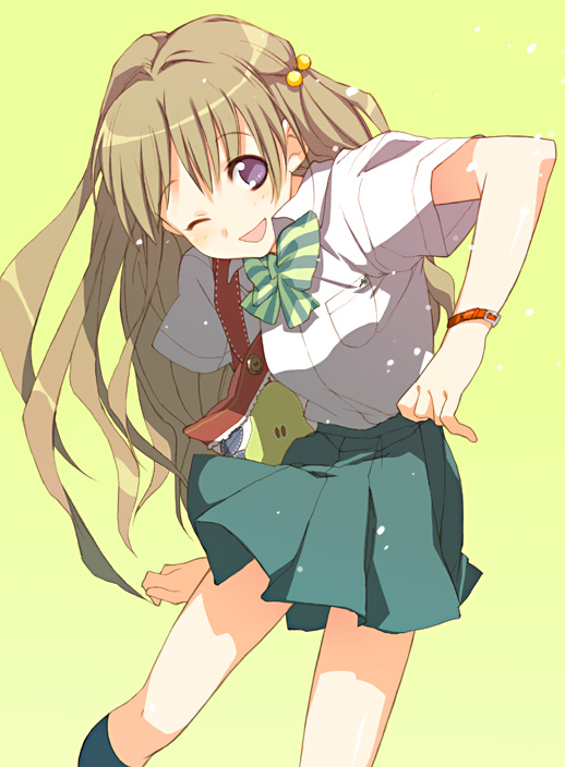 ishikawa mami, north carolina ameko, original, bad id, bad pixiv id, 1girl, ;d, bag, brown hair, female focus, green background, hair ornament, long hair, neck ribbon, one eye closed, open mouth, purple eyes, ribbon, shirt, simple background, skirt, smile, solo, white shirt, wink