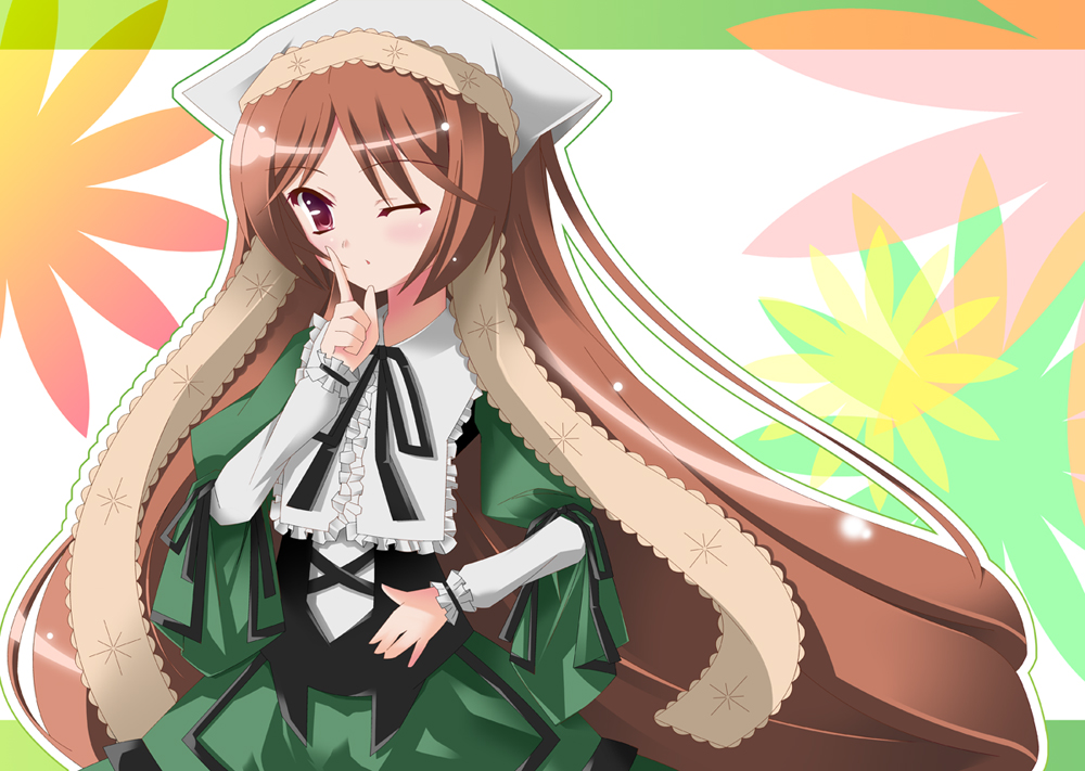 komapuyo, suiseiseki, rozen maiden, bad id, bad pixiv id, 00s, brown hair, headscarf, long hair, one eye closed, ribbon, solo, white headscarf, wink