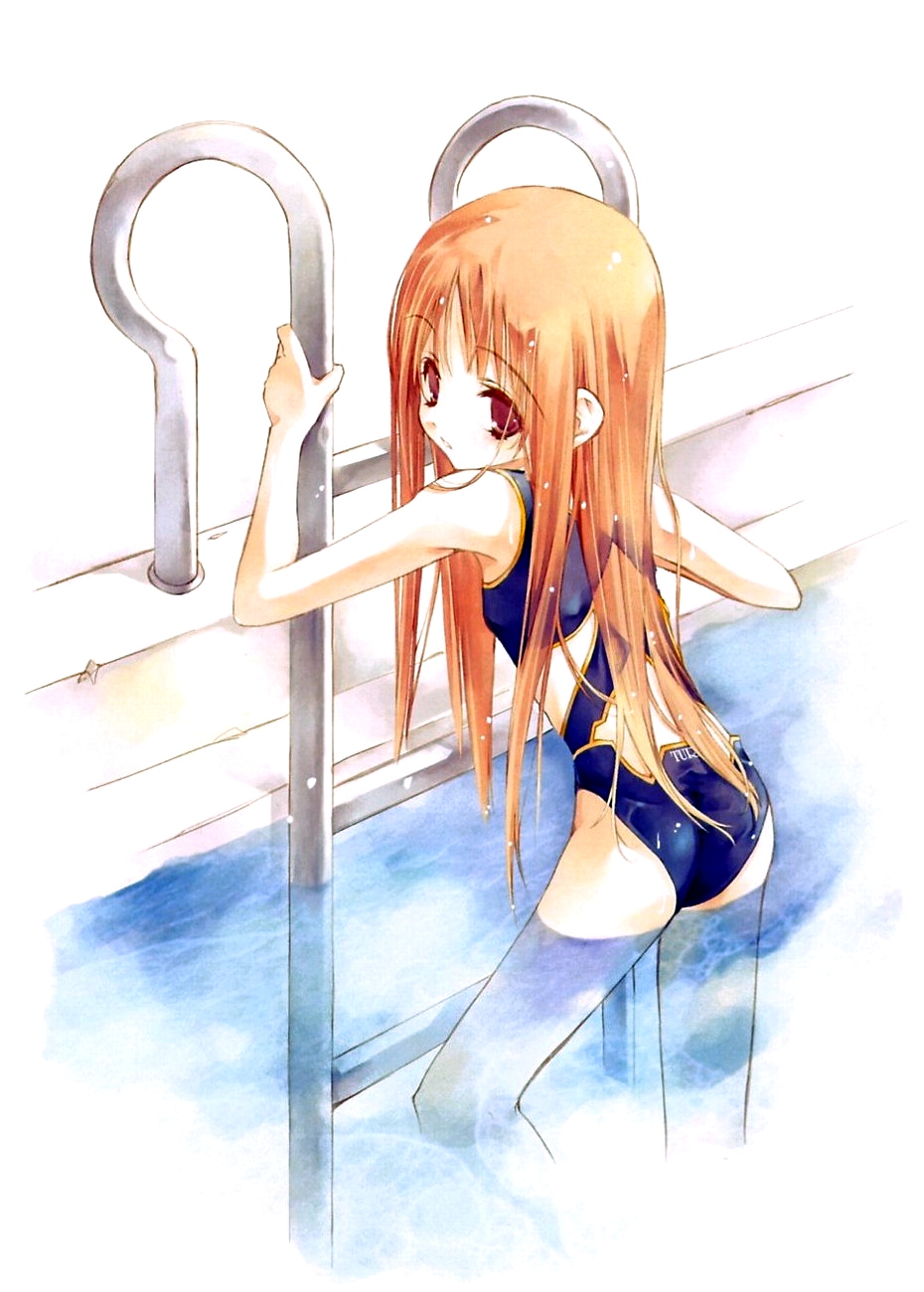 sumi keiichi, original, highres, 1girl, competition swimsuit, female focus, from behind, long hair, looking back, one-piece swimsuit, orange hair, partially submerged, pool, pool ladder, poolside, red eyes, skinny, solo, swimsuit, translucent hair, water