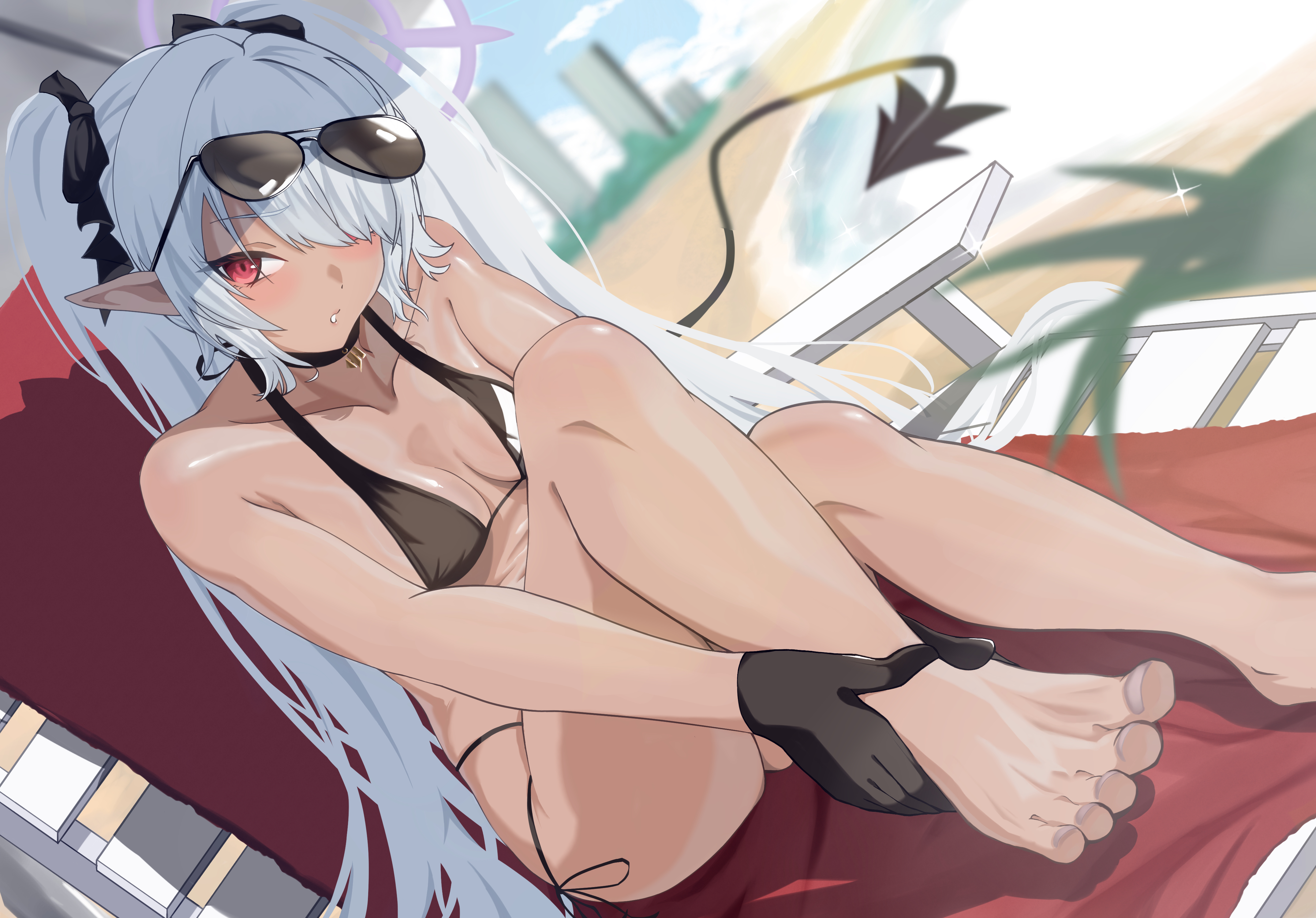 maron (cwuv7557), iori (blue archive), iori (swimsuit) (blue archive), blue archive, absurdres, commentary request, highres, 1girl, beach, bikini, black bikini, blush, breasts, chair, dark-skinned female, dark skin, demon girl, demon tail, eyewear on head, feet, gloves, grey hair, hair over one eye, halo, long hair, looking at viewer, lounge chair, multi-strapped bikini bottom, navel, official alternate costume, pointy ears, red eyes, sitting, solo, sunglasses, swimsuit, tail, toes, twintails, very long hair