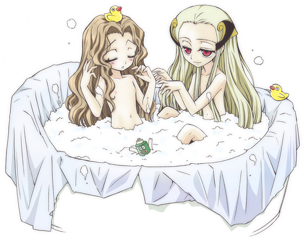 ayano rena, nunnally vi britannia, v.v., code geass, resized, 1boy, 1girl, bath, bathtub, blind, blush, bubble bath, closed eyes, flat chest, loli, long hair, mixed-sex bathing, nipples, nude, pixiv thumbnail, red eyes, rubber duck, shared bathing, simple background, very long hair, you gonna get raped