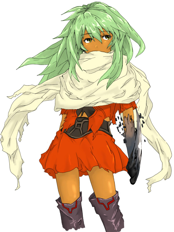 kata, koutetsu, emerada (xenogears), xenogears, bad id, bad pixiv id, 1girl, dark-skinned female, dark skin, female focus, green hair, long hair, scarf, solo, yellow eyes