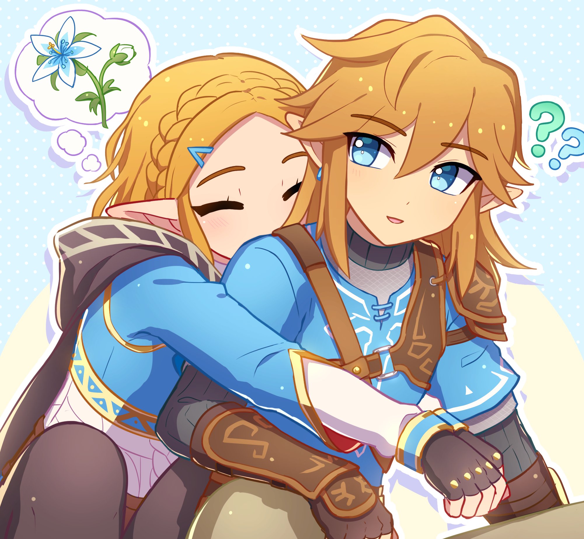 enni, link, princess zelda, nintendo, the legend of zelda, the legend of zelda: tears of the kingdom, commentary, english commentary, highres, 1boy, 1girl, ?, ??, black cape, black gloves, blue eyes, blue shirt, braid, cape, closed eyes, crown braid, fingerless gloves, flower, gloves, gold trim, hair between eyes, hair ornament, hairclip, hood, hood down, hooded cape, long hair, looking at another, pointy ears, shirt, short hair, silent princess, smile, speech bubble, thought bubble