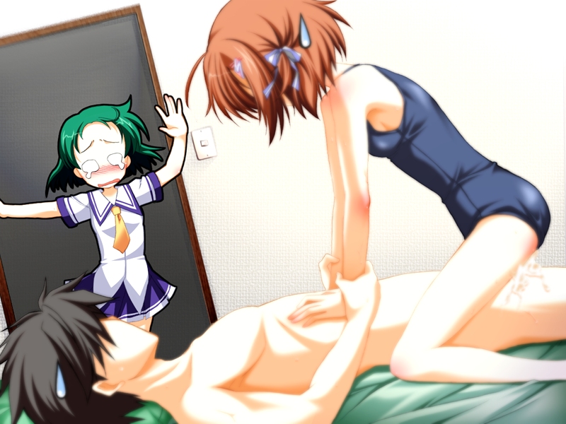 ikeda jun (aquaqua), aizawa moyu, aizawa takuto, mamiya sukuru, ham ham soft, imouto ni! sukumizu kisetara nugasanai!, game cg, 1boy, 2girls, bed, blush, breasts, brown hair, caught, cowgirl position, cum, cum in pussy, girl on top, green hair, hetero, multiple girls, one-piece swimsuit, school swimsuit, school uniform, serafuku, sex, small breasts, straddling, sweatdrop, swimsuit, tears, vaginal, walk-in