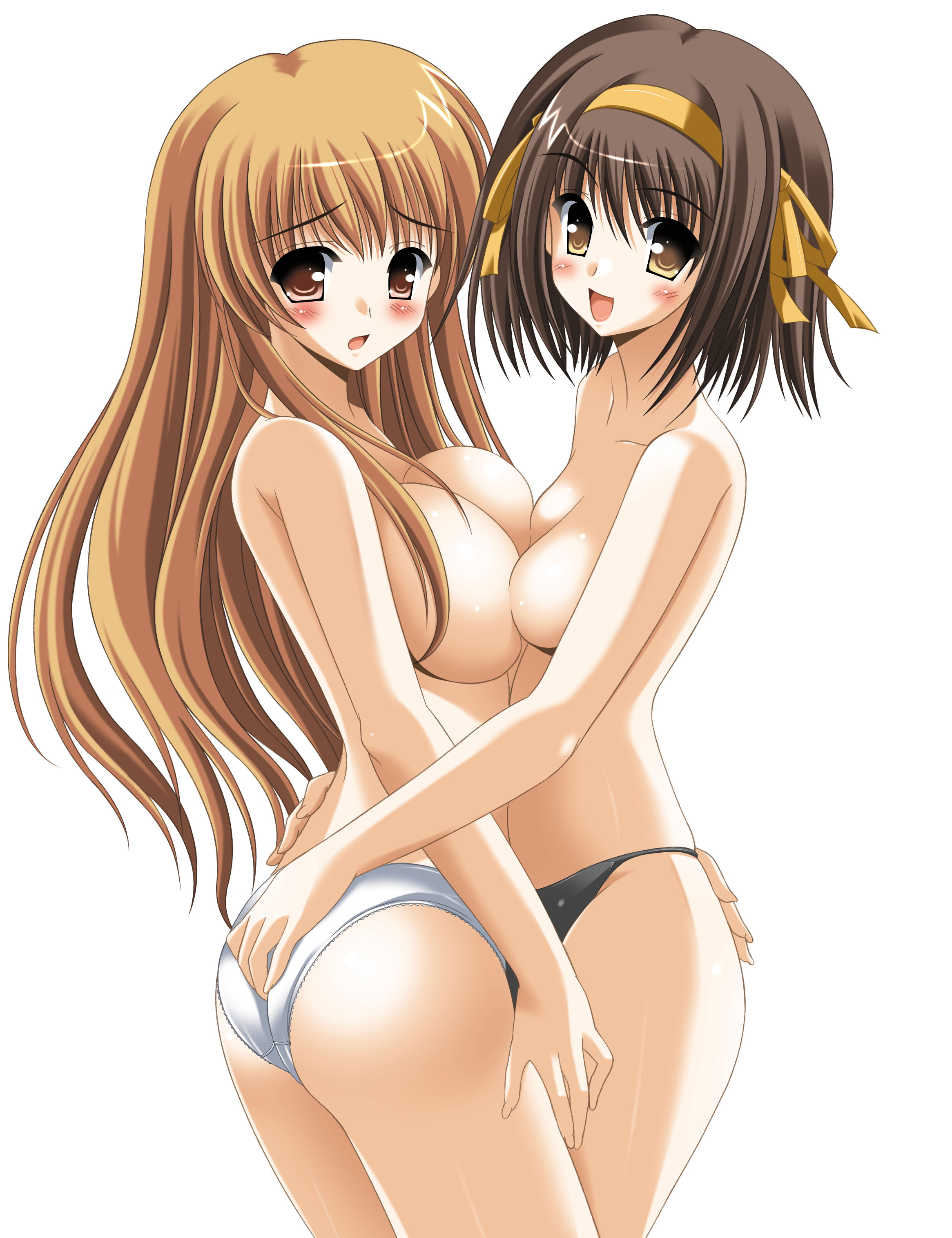 oda ken'ichi, asahina mikuru, suzumiya haruhi, suzumiya haruhi no yuuutsu, absurdres, highres, 00s, 2girls, black panties, blush, breast press, breasts, brown hair, hairband, long hair, medium breasts, multiple girls, panties, short hair, small breasts, symmetrical docking, topless female, underwear, white panties, yuri