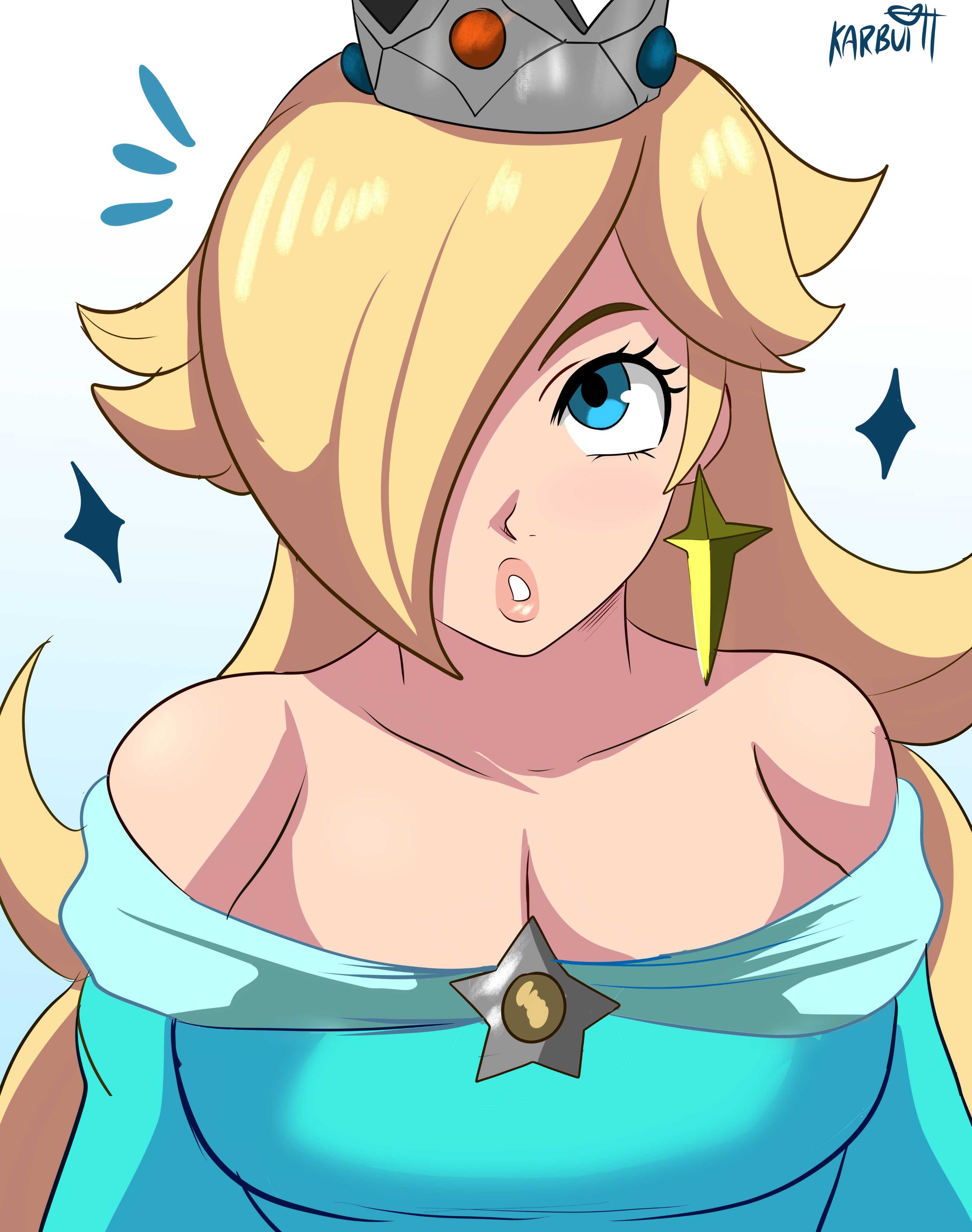 karbuitt, rosalina, mario (series), nintendo, absurdres, commentary, english commentary, highres, 1girl, artist name, bare shoulders, blonde hair, blue dress, blue eyes, brooch, crown, dress, earrings, eyelashes, hair over one eye, jewelry, long hair, looking at viewer, off-shoulder dress, off shoulder, open mouth, solo, star (symbol), star brooch, star earrings, upper body, white background