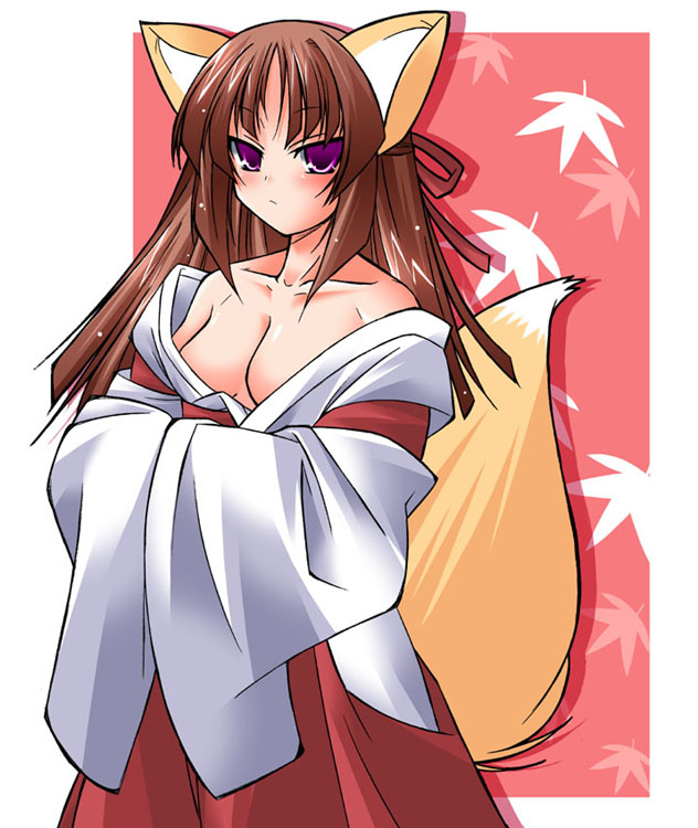 jun'you maru, original, 1girl, animal ears, breasts, brown hair, cleavage, female focus, fox ears, fox tail, hakama, hakama skirt, japanese clothes, large breasts, miko, purple eyes, red hakama, skirt, solo, tail