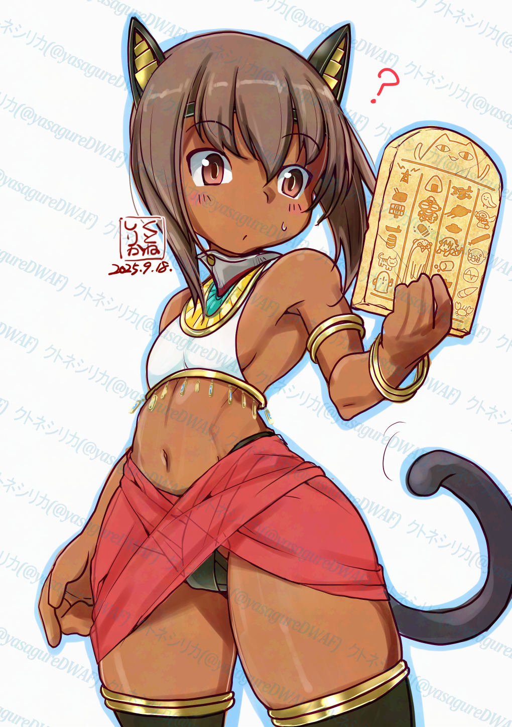kutone shirika, taihou (kancolle), kantai collection, highres, 1girl, ?, alternate costume, alternate skin color, ancient egyptian clothes, artist logo, black thighhighs, breasts, brown eyes, brown hair, dark-skinned female, dark skin, dated, hieroglyphics, holding stone tablet, kemonomimi mode, logo, navel, short hair, short hair with long locks, small breasts, solo, stone tablet, thighhighs, watermark, white background