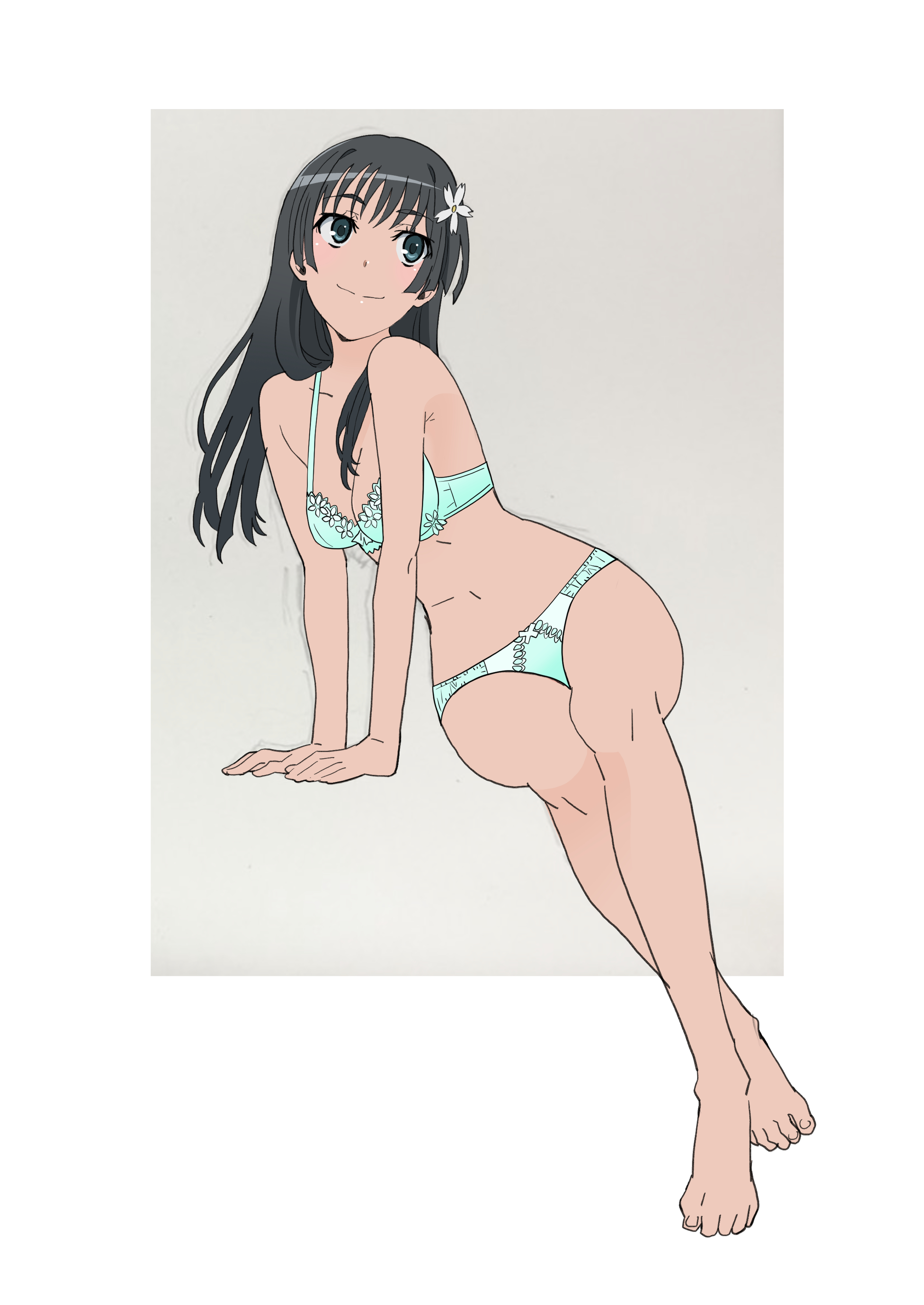 saten ruiko, toaru kagaku no railgun, toaru kagaku no railgun t, toaru majutsu no index, absurdres, highres, 1girl, aoki ken'ichirou, black hair, bra, breasts, cleavage, closed mouth, flower, full body, hair flower, hair ornament, long hair, panties, smile, solo, underwear