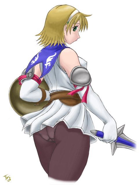 cassandra alexandra, soul calibur, soulcalibur, soulcalibur ii, 1girl, ass, breasts, female focus, gloves, green eyes, looking back, panties, panties under pantyhose, pantyhose, shield, solo, sword, underwear, weapon