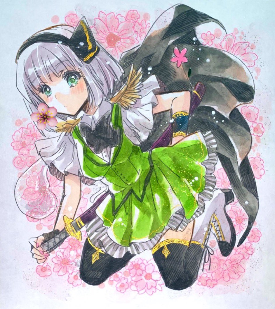 iori (akaringo), konpaku youmu, touhou, 1girl, black cape, black hairband, blunt bangs, cape, flower, full body, green eyes, hairband, high heels, katana, kneeling, looking at viewer, medium hair, pink flower, sword, weapon, white hair