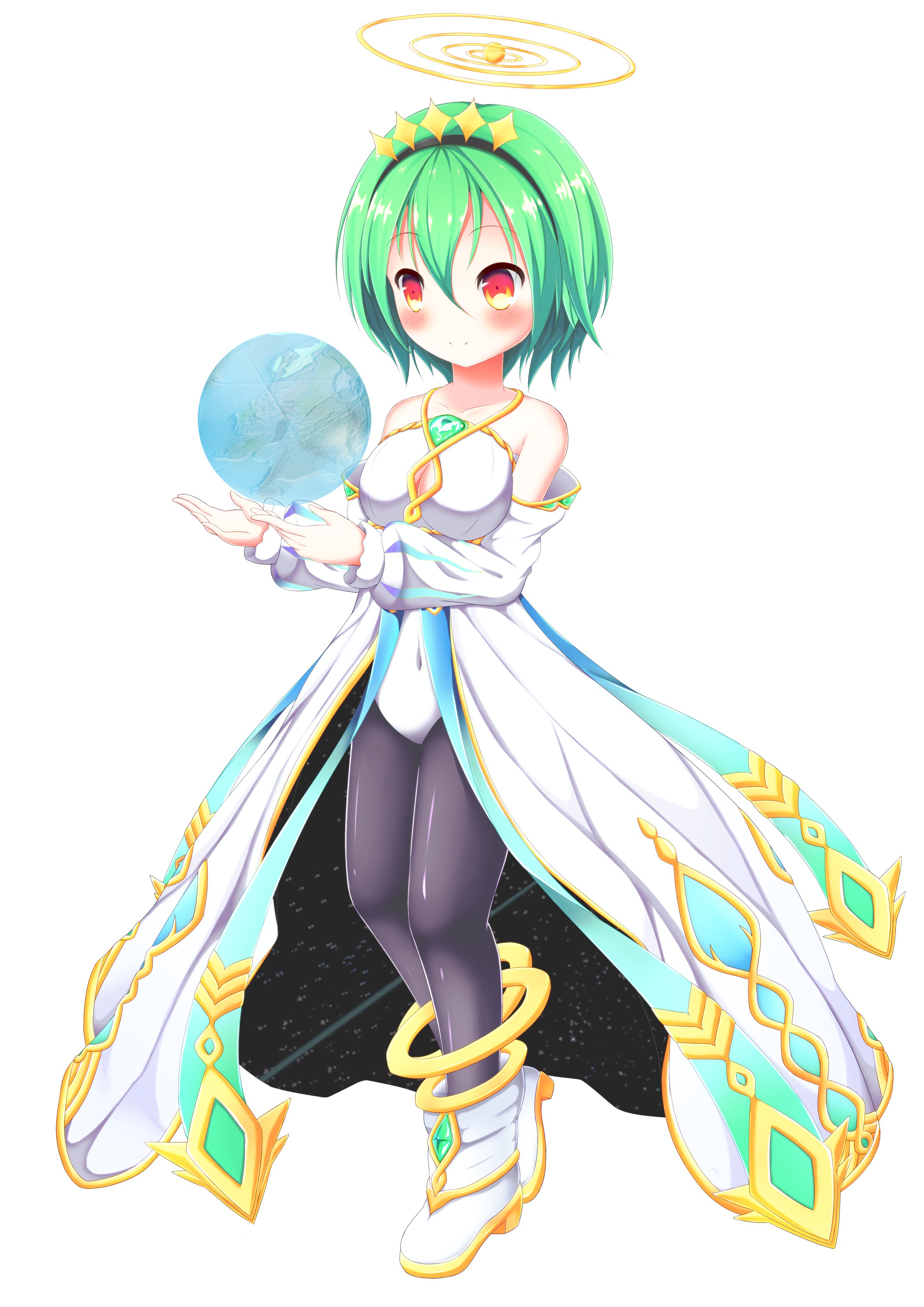 emil chronicle online, absurdres, highres, 1girl, black hairband, black jacket, black pantyhose, breasts, cleavage cutout, clothing cutout, dress, gold halo, green hair, hairband, haneno hitsuji, holding planet, jacket, large breasts, leotard, orange eyes, origin (emil chronicle online), pantyhose, shoes, sleeveless, sleeveless dress, solo, star hairband, two-sided fabric, two-sided jacket, white background, white jacket, white leotard, white shoes