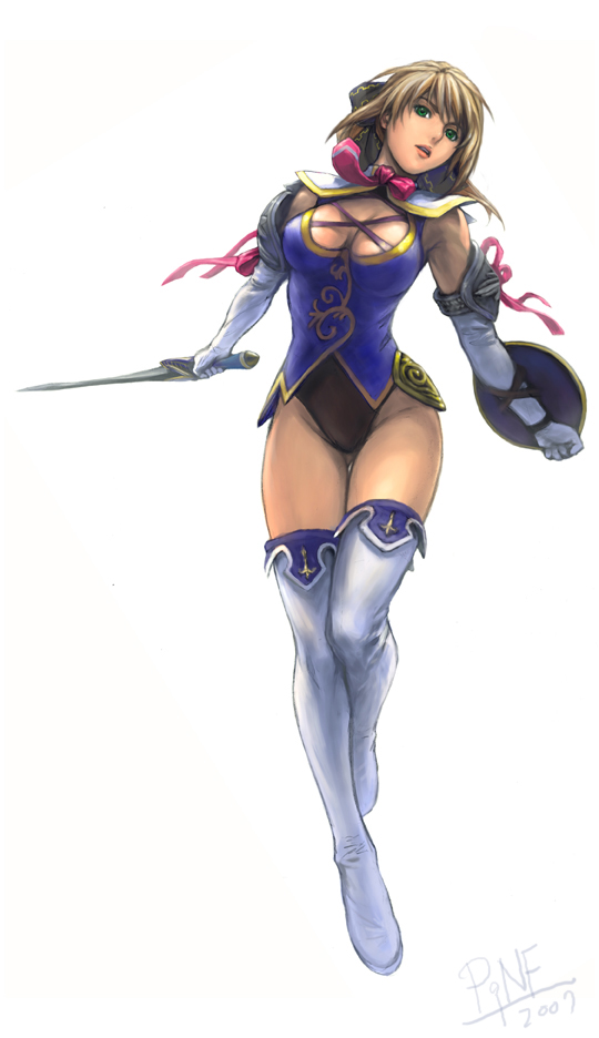 jayun, cassandra alexandra, soul calibur, soulcalibur, soulcalibur iv, 00s, 1girl, 2007, blonde hair, boots, breasts, cleavage, female focus, gloves, green eyes, large breasts, necktie, pink necktie, shield, short hair, solo, sword, thigh boots, thighhighs, weapon