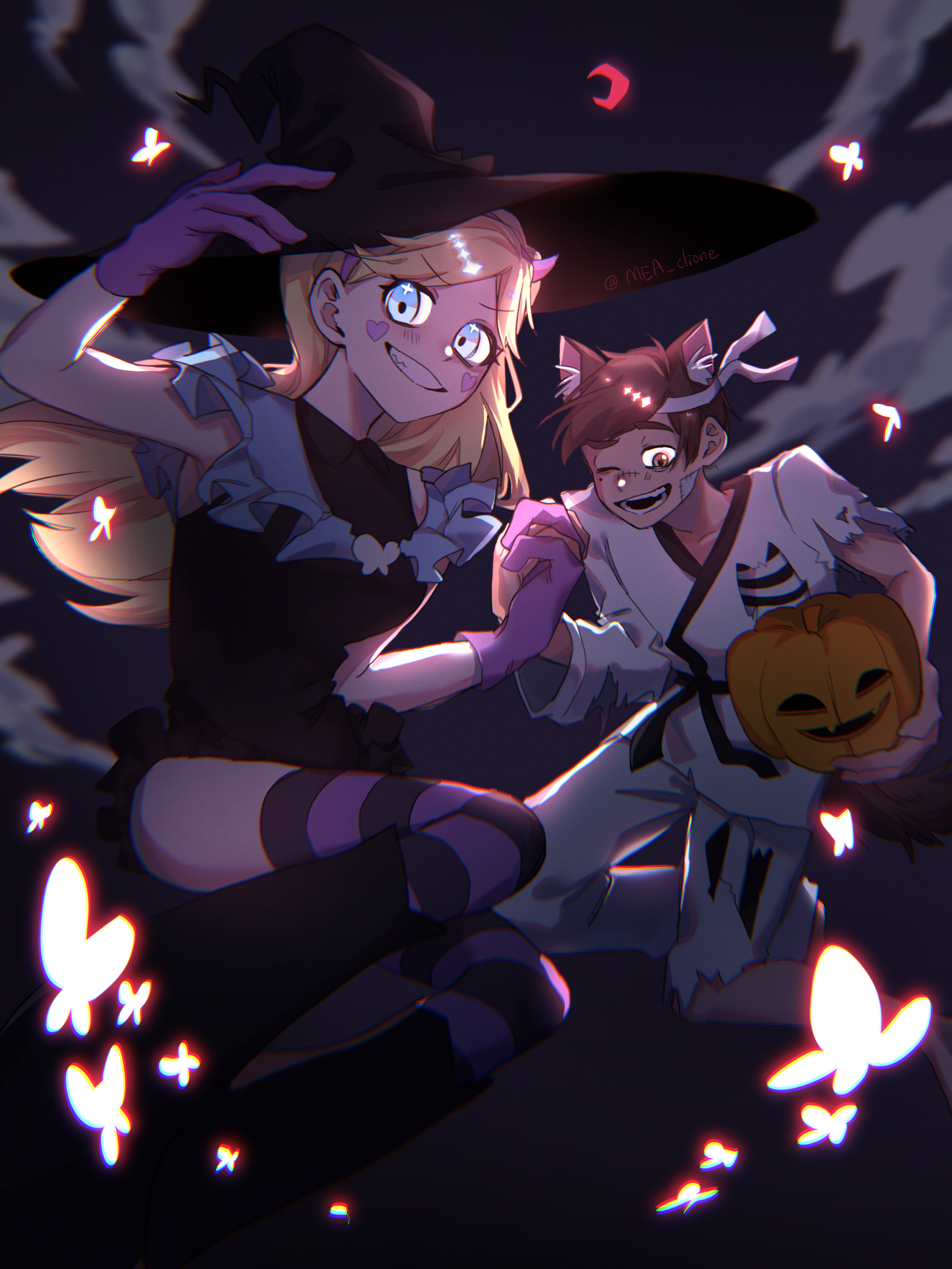 marco diaz, star butterfly, star vs the forces of evil, absurdres, highres, 1boy, 1girl, blonde hair, blue eyes, brown eyes, brown hair, bug, butterfly, dougi, dress, facial mark, fake horns, hairband, halloween, halloween costume, hat, heart, heart-shaped blush stickers, heart cheeks, heart facial mark, horns, insect, jack-o'-lantern, karate gi, long hair, marking on cheek, markings on cheeks, mole, mole under eye, open mouth, pumpkin, smile, user vdha3872, witch, witch hat