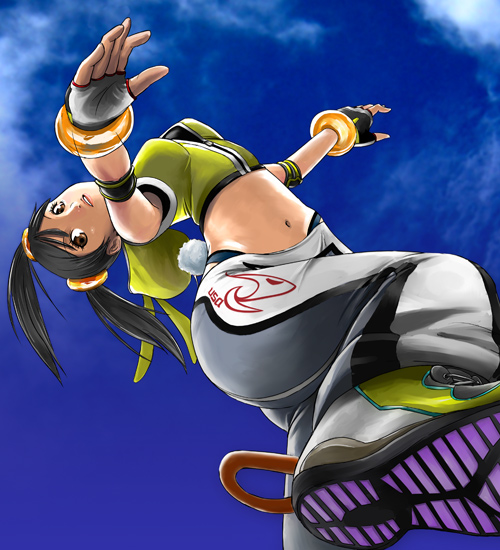 ling xiaoyu, tekken, black hair, brown eyes, cloud, day, midriff, sky, twintails