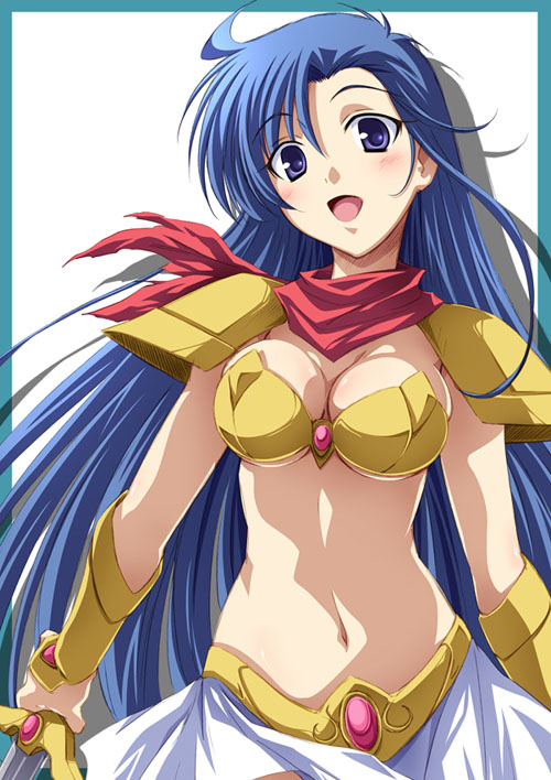 izumi mahiru, asou yuuko, mugen senshi valis, telenet japan, valis, 1girl, :d, armor, belt, bikini armor, blue eyes, blue hair, blush, breasts, cleavage, female focus, gem, long hair, looking at viewer, matching hair/eyes, microskirt, midriff, miniskirt, navel, neckerchief, open mouth, pauldrons, purple eyes, scarf, shoulder armor, simple background, skirt, smile, solo, sword, valis sword, weapon, white background