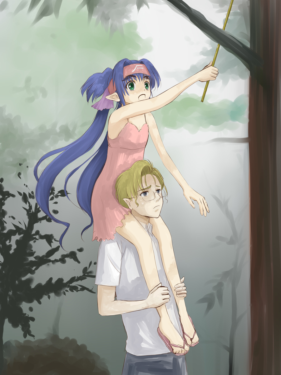 niwatori kokezou, klan klein, mikhail buran, macross, macross frontier, highres, 00s, blue hair, carrying, dress, flat chest, green eyes, headband, long hair, pointy ears, shoulder carry, twintails