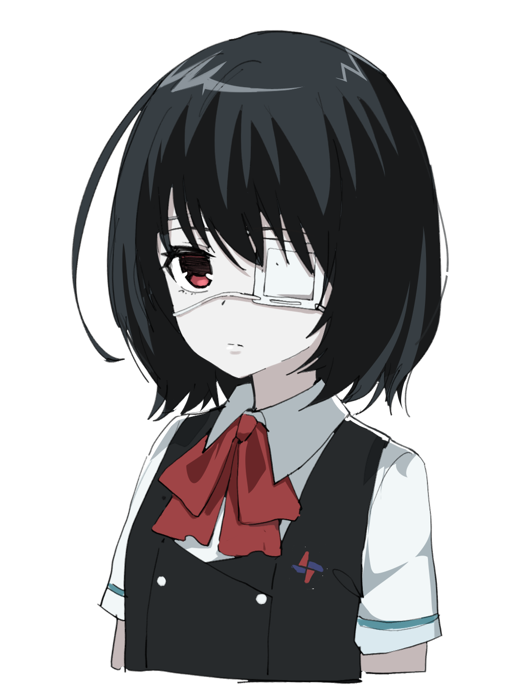 yangfan, misaki mei, another, commentary, highres, 1girl, black hair, black vest, closed mouth, collared shirt, expressionless, eyepatch, looking at viewer, medical eyepatch, neck ribbon, one eye covered, red eyes, red ribbon, ribbon, school uniform, shirt, short hair, short sleeves, simple background, solo, vest, white background, white shirt, yomiyama north junior high school uniform