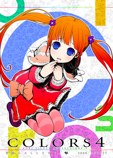 aoki shin, original, bad id, bad pixiv id, blue eyes, blush, dress, kneeling, long hair, orange hair, solo, striped clothes, striped thighhighs, thighhighs, twintails