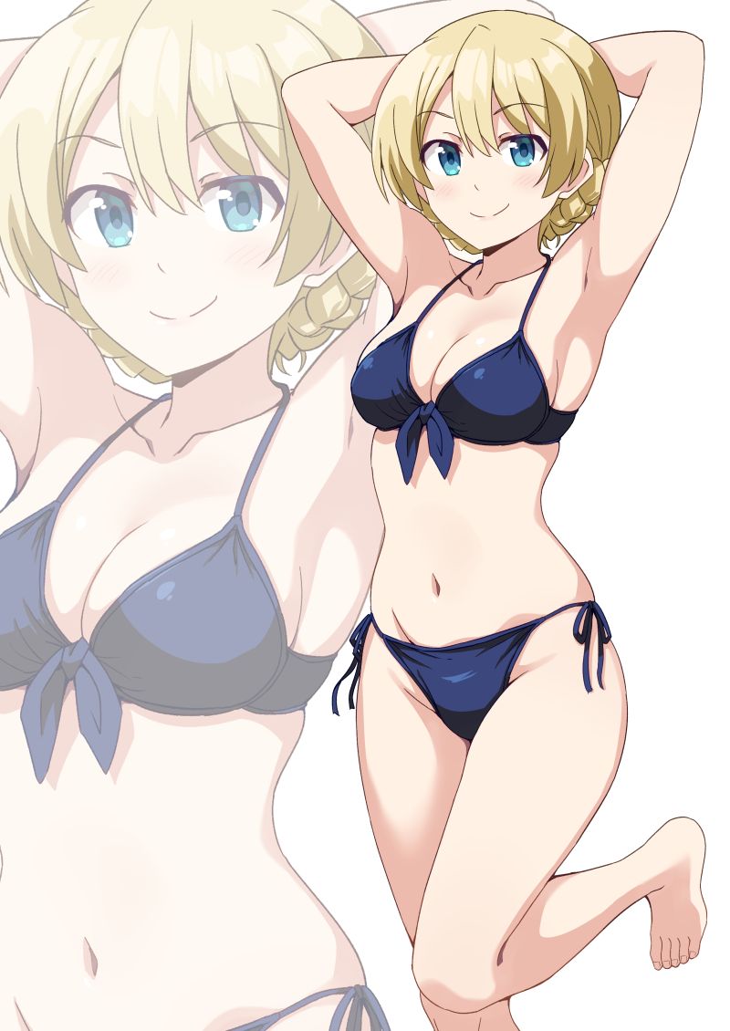 ponzu rui, darjeeling (girls und panzer), girls und panzer, 1girl, arms behind head, bikini, blonde hair, blue bikini, blue eyes, breasts, cleavage, cowboy shot, front-tie bikini top, front-tie top, looking at viewer, medium breasts, nape braid, short hair, side-tie bikini bottom, smile, solo, standing, standing on one leg, swimsuit, white background, zoom layer