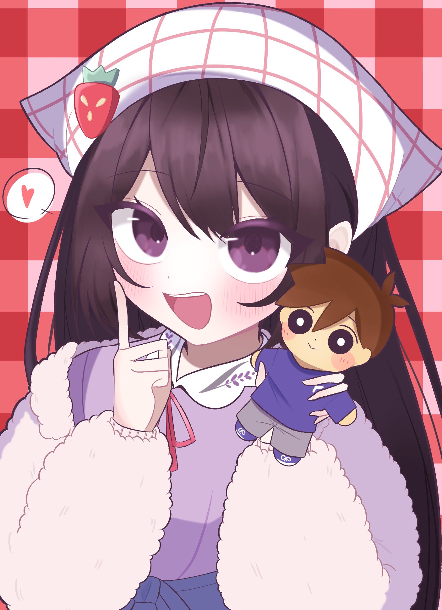 hero (faraway) (omori), hero (omori), mari (birthday) (omori), mari (faraway) (omori), mari (omori), omori, commentary, highres, symbol-only commentary, 1girl, :d, amatomato 0141, bad anatomy, bad hands, blush, character doll, collared shirt, colored eyelashes, contrast collar, doll, double-parted bangs, finger to cheek, from above, fur jacket, hair between eyes, hands up, headscarf, heart, holding, holding doll, index finger raised, jacket, long hair, long sleeves, looking at viewer, neck ribbon, official alternate costume, open clothes, open jacket, open mouth, pink jacket, plaid background, puffy long sleeves, puffy sleeves, purple eyes, purple shirt, red background, red ribbon, ribbon, shirt, simple background, smile, solo, spoken heart, straight hair, swept bangs, teeth, tongue, upper body, upper teeth only, white headscarf