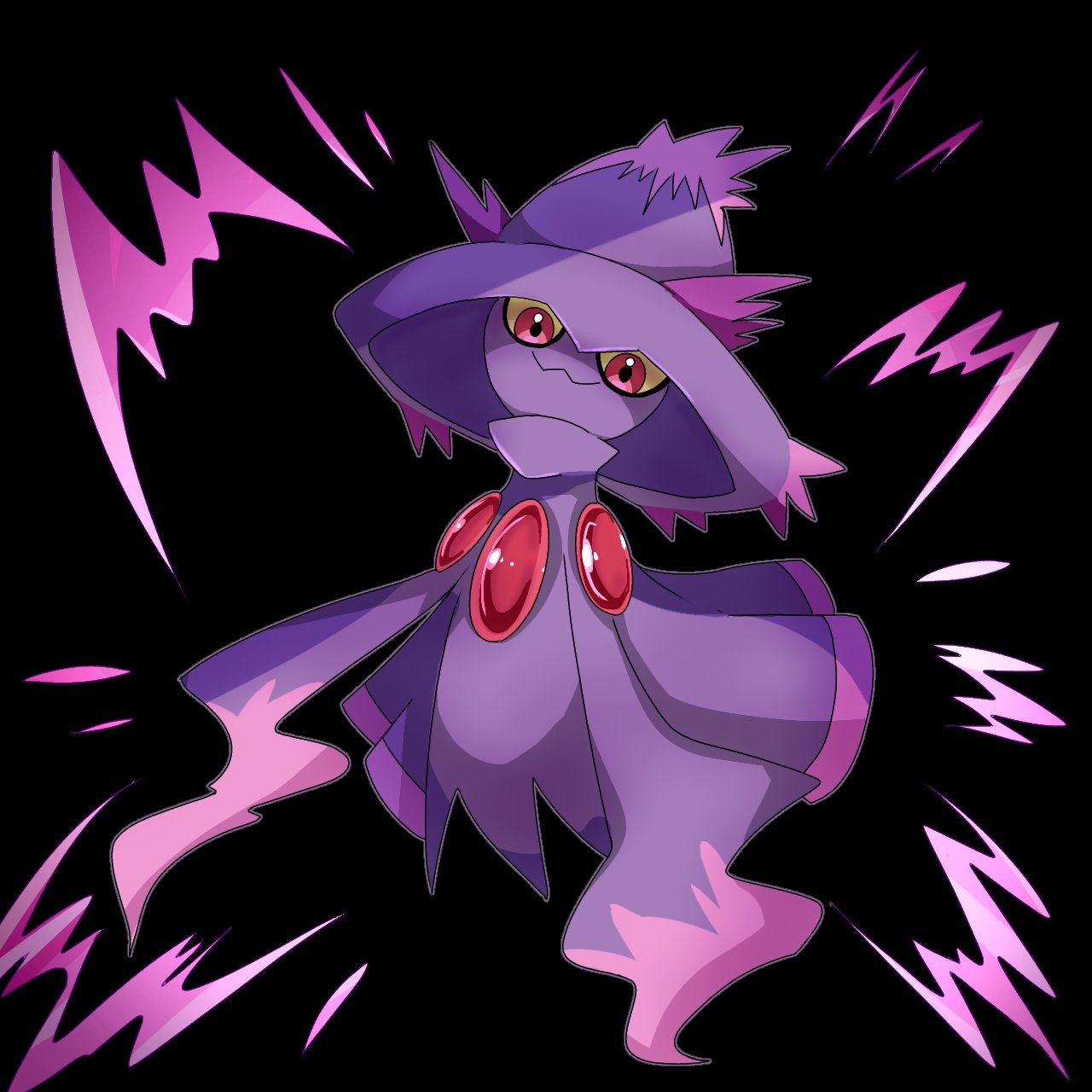 mismagius, nintendo, pokemon, highres, ayaka 488, black background, closed mouth, colored sclera, colored skin, full body, gen 4 pokemon, hat, looking at viewer, pokemon (creature), pokemon focus, purple skin, red eyes, smile, solo, witch hat, yellow sclera