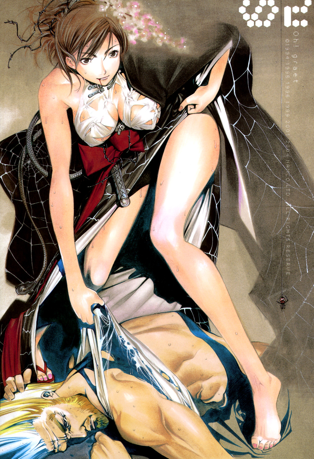 oogure ito, kazama asuka, paul phoenix, tekken, highres, 1boy, 1girl, alternate costume, bandages, barefoot, blood, breasts, brown eyes, brown hair, feet, geisha, hanging breasts, japanese clothes, kimono, large breasts, legs, long legs, nail polish, pink nails, sarashi, single shoe, sweat, sword, thighs, torn clothes, weapon, whip