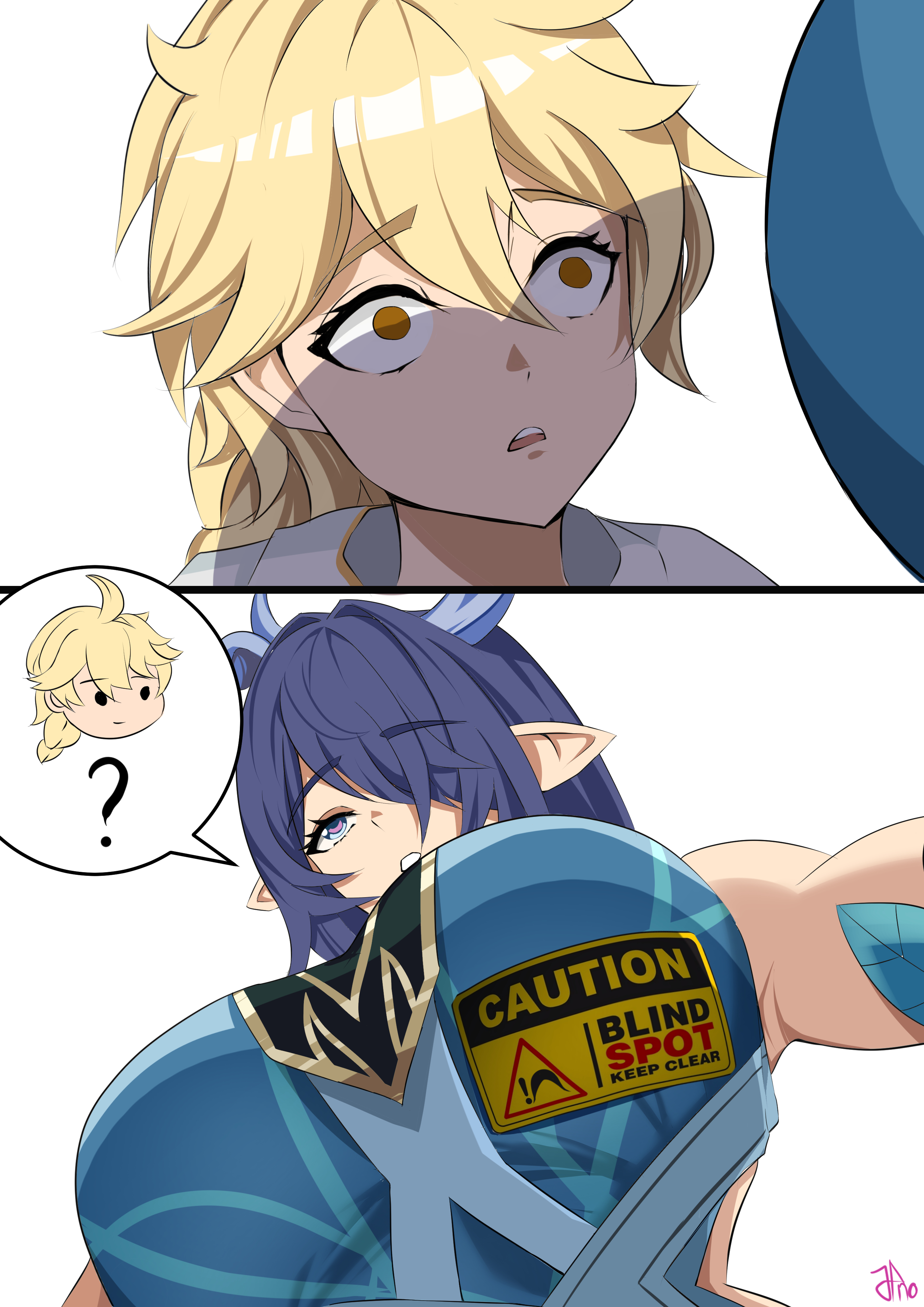 jpno, aether (genshin impact), lauma (genshin impact), genshin impact, absurdres, highres, 1boy, 1girl, ?, antlers, blonde hair, blue dress, blue eyes, breasts, brown eyes, dress, from below, hair over one eye, horns, large breasts, long hair, pointy ears, shadow, sign, sleeveless, sleeveless dress, spoken character, warning sign