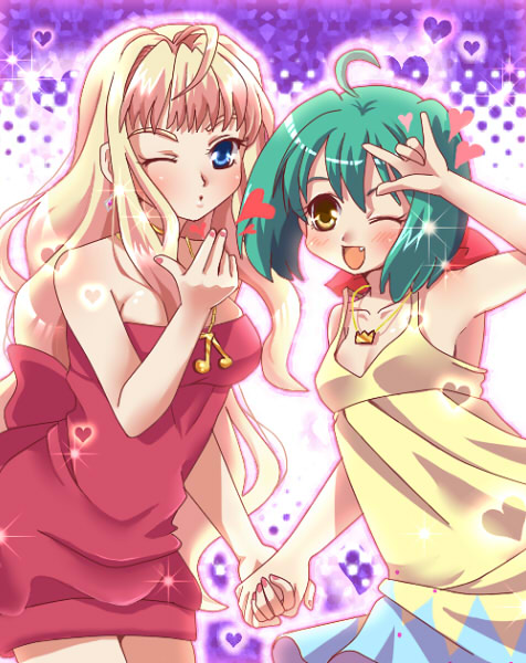 soraneko (artist), ranka lee, sheryl nome, macross, macross frontier, bad id, bad pixiv id, 00s, kiss, strapless, wink