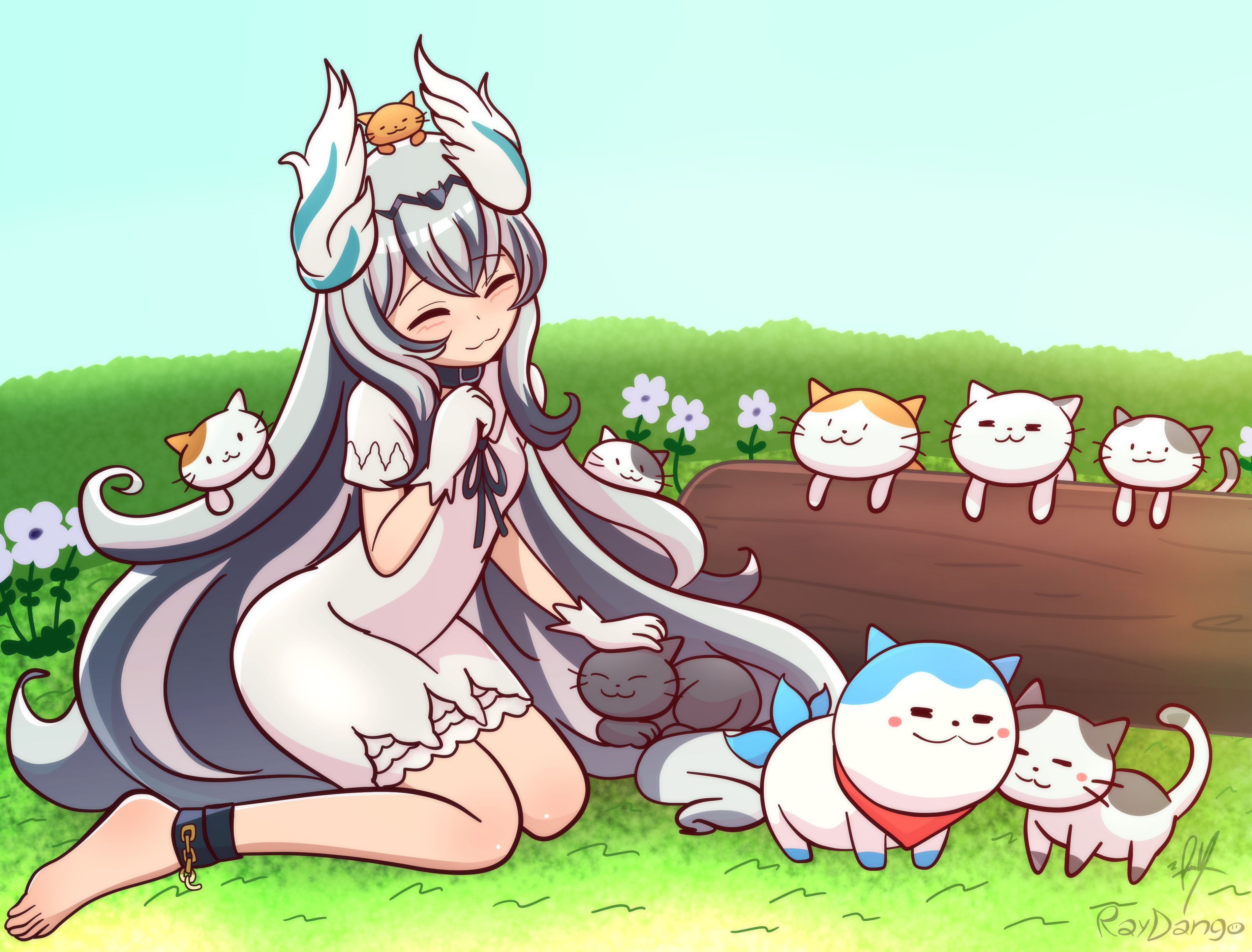 raydango, sommie (fire emblem), veyle (fire emblem), fire emblem, fire emblem engage, nintendo, absurdres, commission, highres, 1girl, :3, animal, animal on head, artist name, black choker, black hair, cat, cat on head, choker, closed eyes, closed mouth, dress, flower, full body, gloves, grass, grey hair, hair ornament, log, long hair, multicolored hair, on grass, on head, petting, short sleeves, two-tone hair, very long hair, white dress, white gloves, wing hair ornament