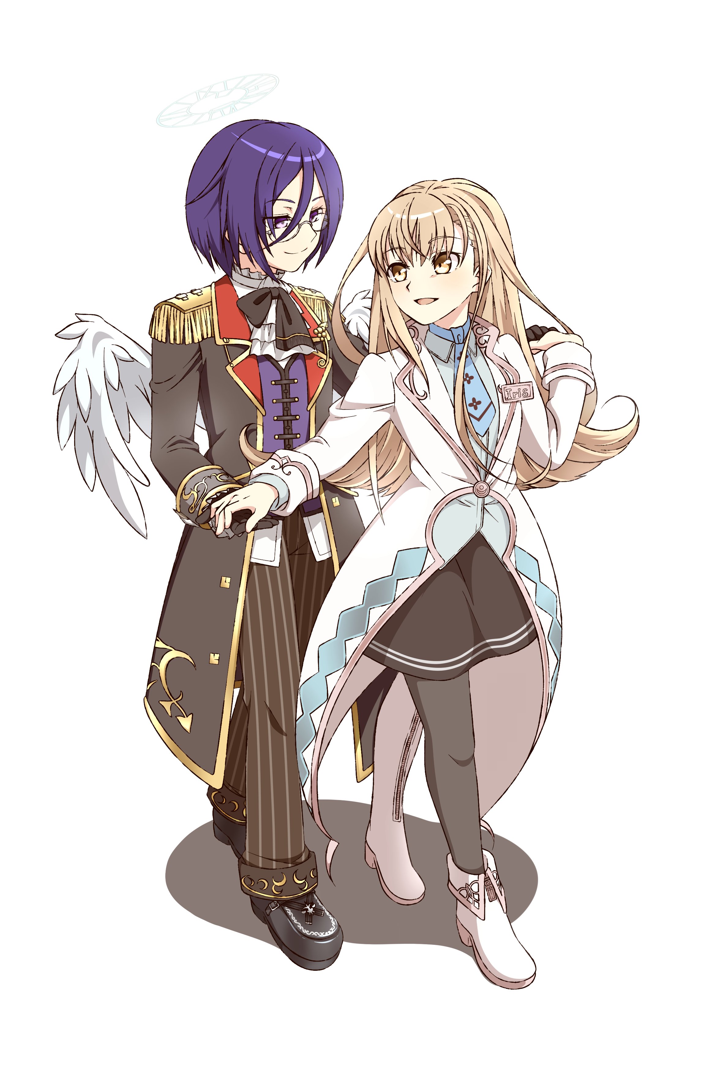 emil chronicle online, absurdres, highres, 1boy, 1girl, black boots, black jacket, black pants, black pantyhose, black skirt, blonde hair, blue necktie, blue shirt, boots, dr. iris, glasses, halo, holding hands, jacket, long hair, necktie, open mouth, pants, pantyhose, purple eyes, purple hair, shirt, shugoma rougetsu, skirt, tete0429, white background, white boots, white jacket, white shirt, white wings, wings, yellow eyes