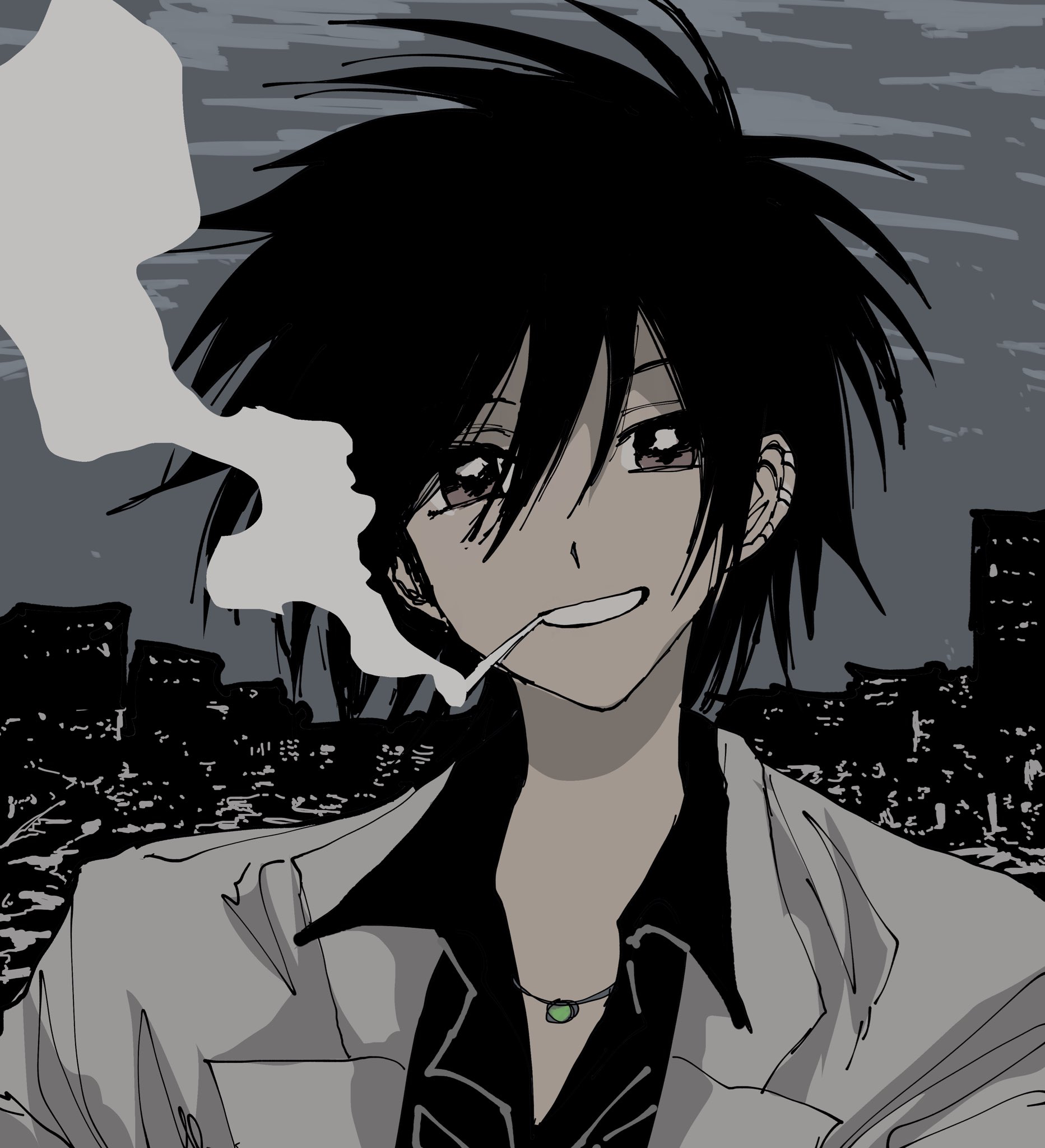 kouichi (everyday host), everyday host, highres, 1boy, akarioogami, black hair, black shirt, brown eyes, collared shirt, ear cuffs, gem, green gemstone, grey sky, grin, hair between eyes, head tilt, jacket, jewelry, looking at viewer, male focus, mouth hold, muted color, necklace, official alternate costume, official alternate hair color, partially unbuttoned, pendant, portrait, shirt, short hair, sky, skyline, smile, smoke, smoking, solo, spiked hair, suit jacket, swept bangs, white jacket