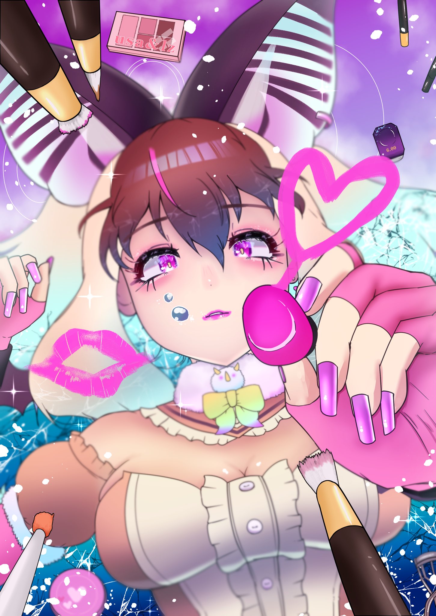 noren kf1, brown long-eared bat (kemono friends), kemono friends, kemono friends v project, highres, 1girl, animal ears, bat ears, bat girl, bat wings, breasts, brown hair, cleavage, elbow gloves, extra ears, fingerless gloves, gloves, grey hair, heart, large breasts, leotard, lipstick, long hair, looking at viewer, makeup, microphone, multicolored hair, purple eyes, solo, streaked hair, upper body, virtual youtuber, wings