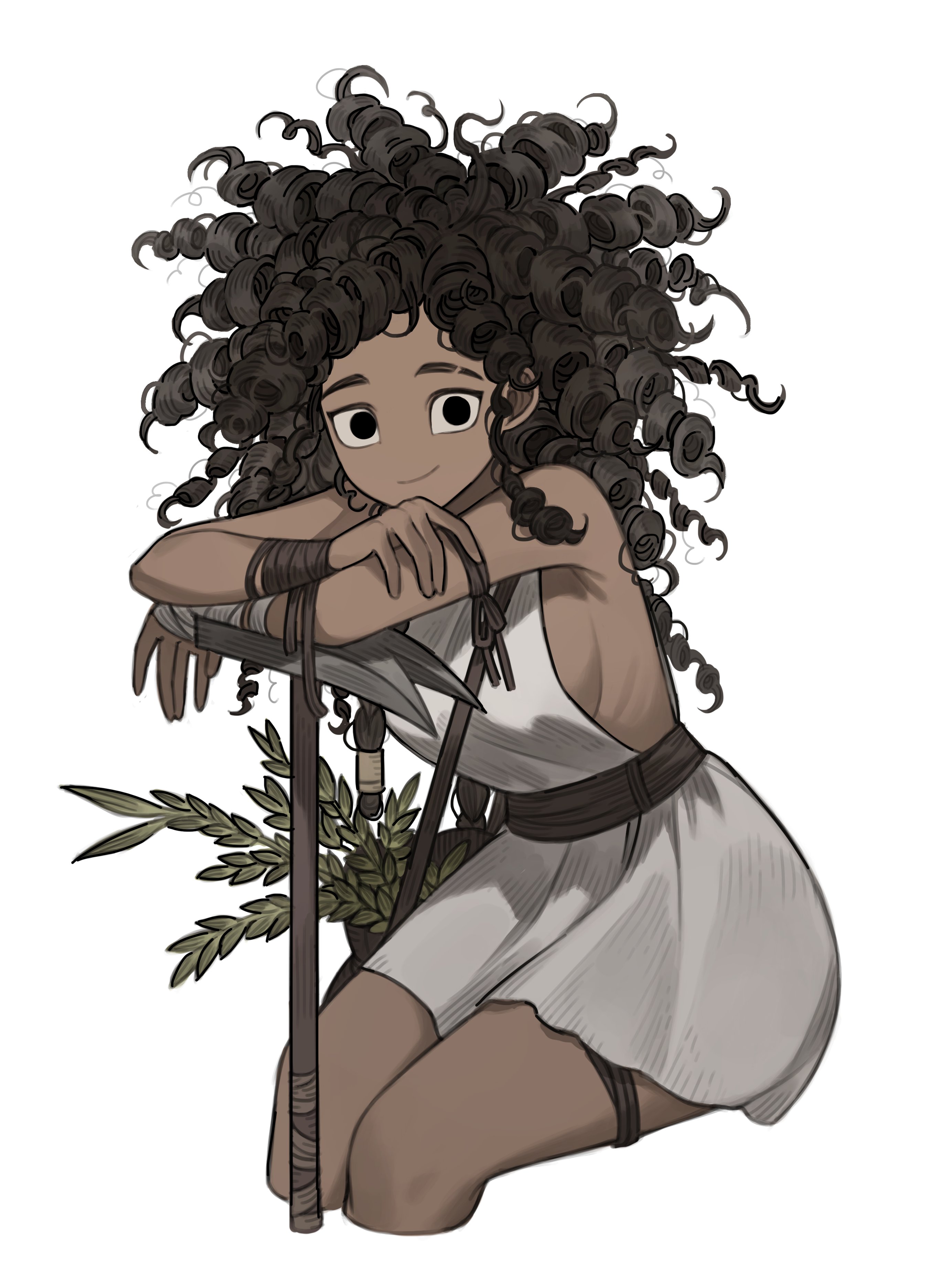 napal (ve xillum), original, absurdres, highres, 1girl, arm wrap, bag, bare shoulders, black eyes, black hair, braid, breasts, closed mouth, cropped legs, crossed arms, dark-skinned female, dark skin, dress, eyebrow cut, female focus, hair tubes, happy, hoe, leaning forward, leaning on object, legs together, long hair, looking at viewer, medium breasts, messy hair, no nose, plant, ringlets, sash, short dress, shoulder bag, sideboob, simple background, single braid, sitting, sleeveless, sleeveless dress, smile, solo, thigh strap, white background, white dress