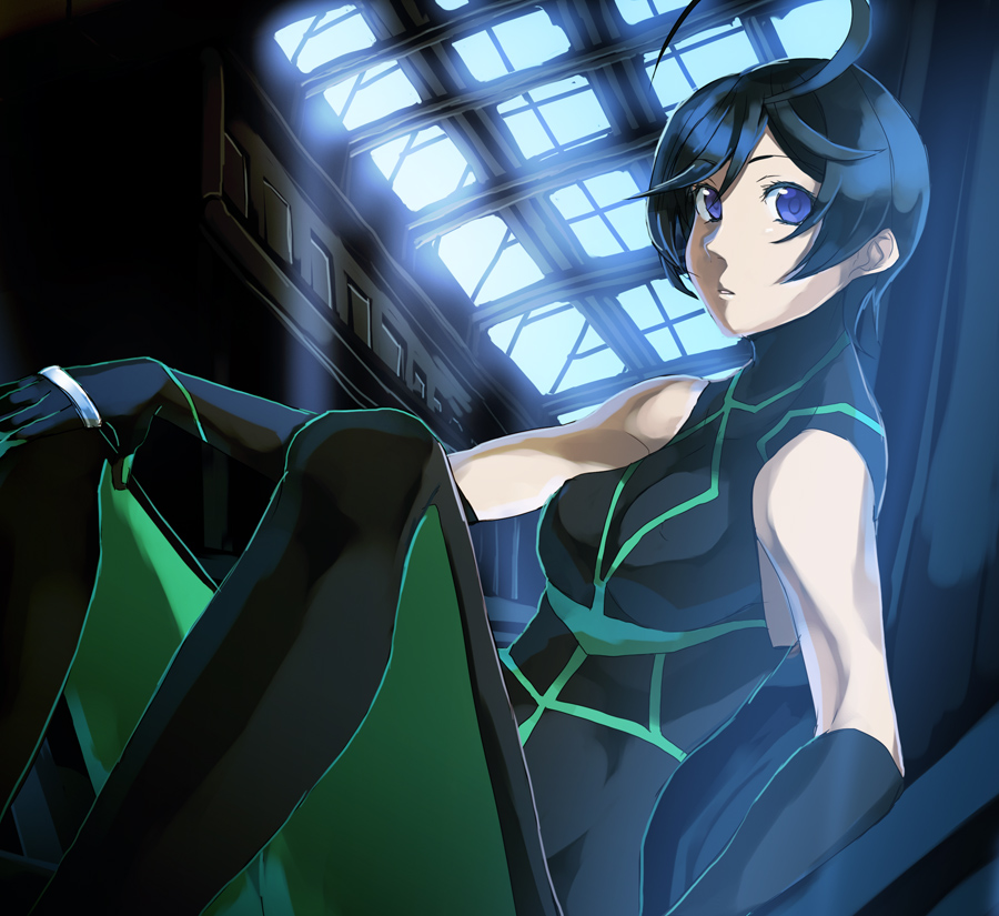 kgr, mei feng liu, blassreiter, bad id, bad pixiv id, 00s, 1girl, against wall, ahoge, black hair, blue eyes, blue hair, bodysuit, breasts, elbow gloves, female focus, gloves, indoors, matching hair/eyes, short hair, sitting, sleeveless, sleeveless turtleneck, solo, turtleneck, window