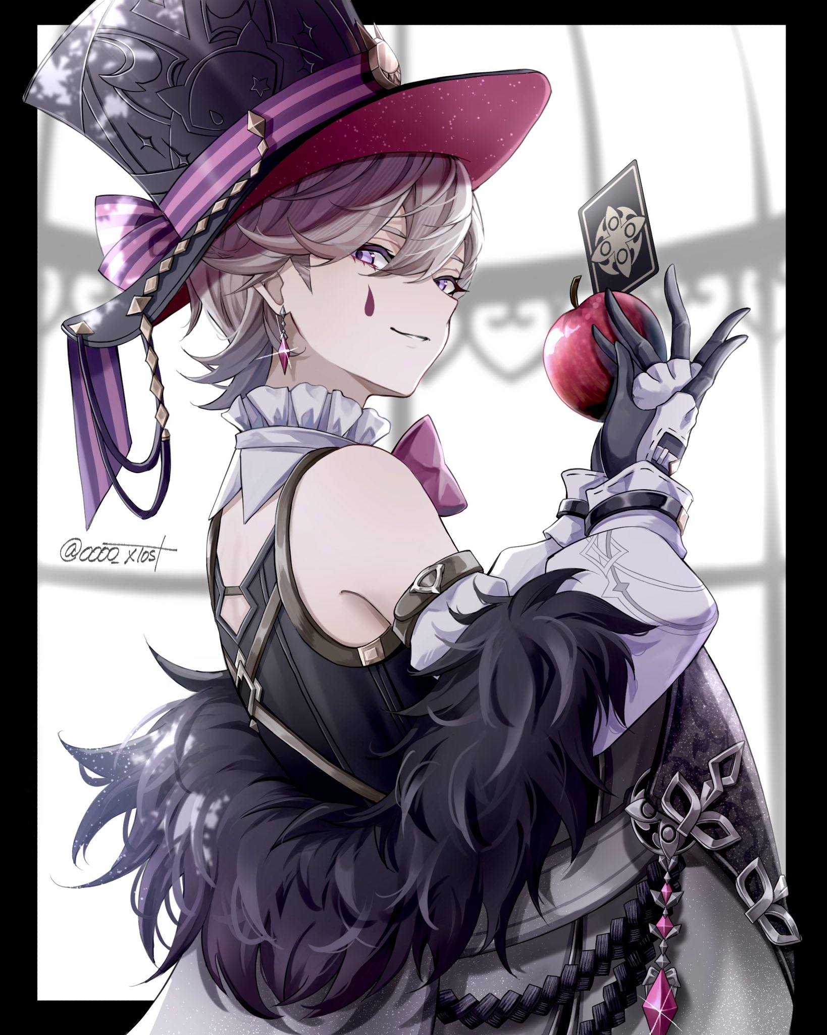 kuromuru, lyney (genshin impact), genshin impact, highres, 1boy, adapted costume, alternate costume, apple, arm belt, back cutout, bare shoulders, belt, black border, black gloves, black hat, border, bow, bowtie, brown belt, card, chain, clothing cutout, coat, collar, colored eyelashes, detached collar, detached sleeves, diffraction spikes, double-parted bangs, earrings, facial mark, fatui coat, fatui logo, food, frilled collar, frills, from side, fruit, fur-trimmed coat, fur trim, gem, gloves, gold chain, grey hair, hair between eyes, hat, hat chain, hat ribbon, holding, holding food, holding fruit, jewelry, long sleeves, looking at viewer, looking back, male focus, mark under eye, off shoulder, outside border, parted lips, pink ribbon, playing card, puffy sleeves, purple bow, purple bowtie, purple eyes, purple gemstone, purple ribbon, ribbon, short hair, sleeve belt, sleeveless, smile, solo, striped ribbon, swept bangs, teardrop facial mark, top hat, twitter username, two-sided fabric, two-sided headwear, two-tone gloves, two-tone ribbon, upper body, white coat, white gloves, white sleeves