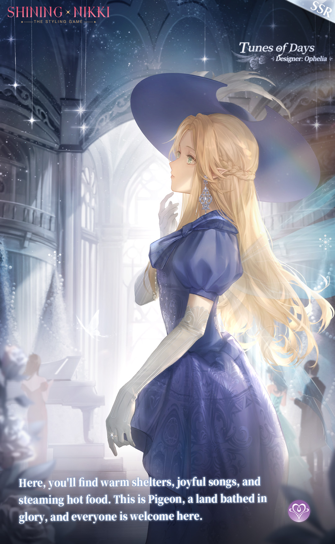 ophelia (shining nikki), nikki (series), shining nikki, artist request, commentary, english commentary, highres, official art, second-party source, 1girl, arch, blonde hair, blue bow, blue dress, blue hat, blue wings, bow, character name, copyright name, cowboy shot, day, dress, earrings, elbow gloves, english text, expressionless, eyelashes, fairy, fairy wings, frilled dress, frills, gloves, grand piano, green eyes, hat, hat feather, indoors, instrument, jewelry, logo, long dress, long hair, looking ahead, parted lips, piano, pillar, pointy nose, puffy short sleeves, puffy sleeves, short sleeves, solo focus, sparkle, standing, statue, sun hat, transparent wings, tunes of days (shining nikki), very long hair, wavy hair, white gloves, wide brim, window, wings