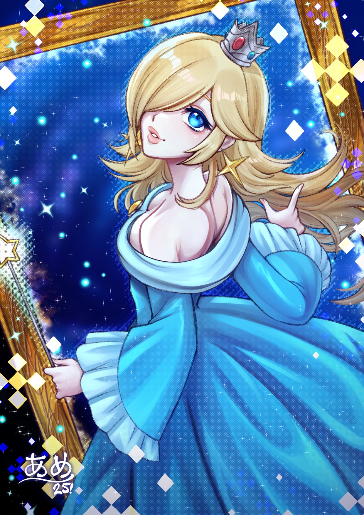 queenofdelight, rosalina, mario (series), nintendo, super mario galaxy, highres, 1girl, blonde hair, blue dress, blue eyes, crown, dress, earrings, hair over one eye, jewelry, long hair, long sleeves, looking at viewer, off-shoulder dress, off shoulder, parted lips, portrait (object), smile, solo, space, star (symbol), star earrings