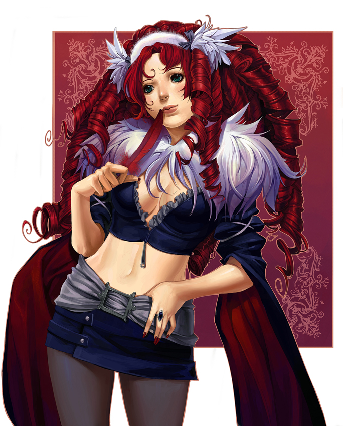 jana schirmer, 1girl, blue pantyhose, breasts, cleavage, crop top, drill hair, feathers, female focus, green eyes, hair ornament, hairband, jewelry, large breasts, midriff, nail polish, pantyhose, red hair, red nails, ring, ringlets, solo